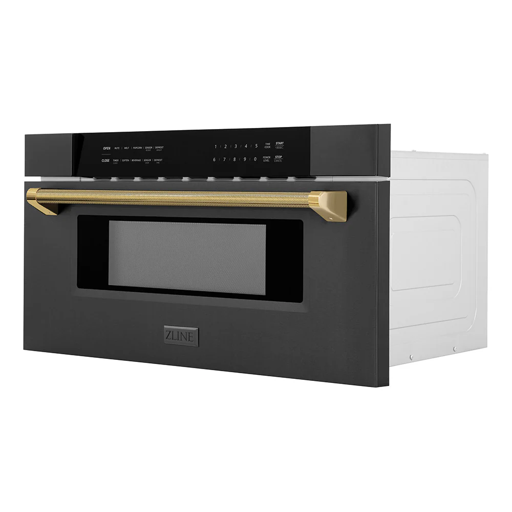 ZLINE Autograph Edition 30 in. 1.2 cu. ft. Built-in Microwave Drawer in Black Stainless Steel and Polished Gold Helix Handle (MWDZ-30-BS-KG) - Image 3