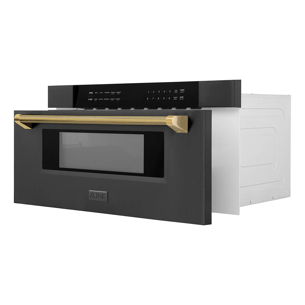 ZLINE Autograph Edition 30 in. 1.2 cu. ft. Built-in Microwave Drawer in Black Stainless Steel and Polished Gold Helix Handle (MWDZ-30-BS-KG) - Image 4