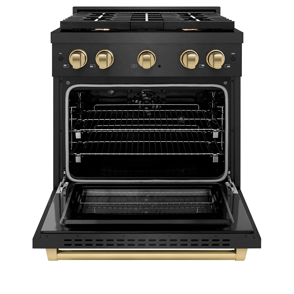 ZLINE Autograph Edition 30 in. 4.2 cu. ft. Paramount Dual Fuel Range with 4 Burner Gas Cooktop and Electric Convection Oven in Black Satin Stainless Steel with Champagne Bronze Accents (SDRBSZ-30-CB) - Image 2
