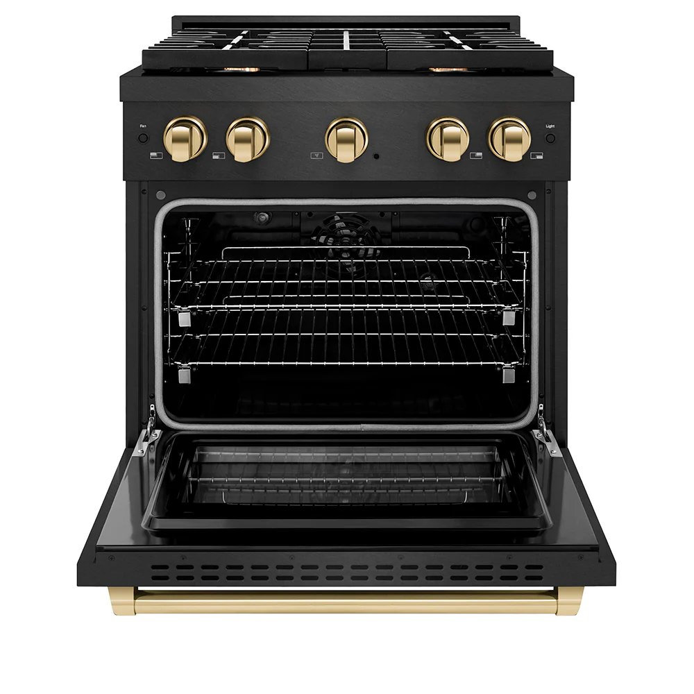 ZLINE Autograph Edition 30 in. 4.2 cu. ft. Paramount Dual Fuel Range with 4 Burner Gas Cooktop and Electric Convection Oven in Black Satin Stainless Steel with Polished Gold Accents (SDRBSZ-30-G) - Image 2