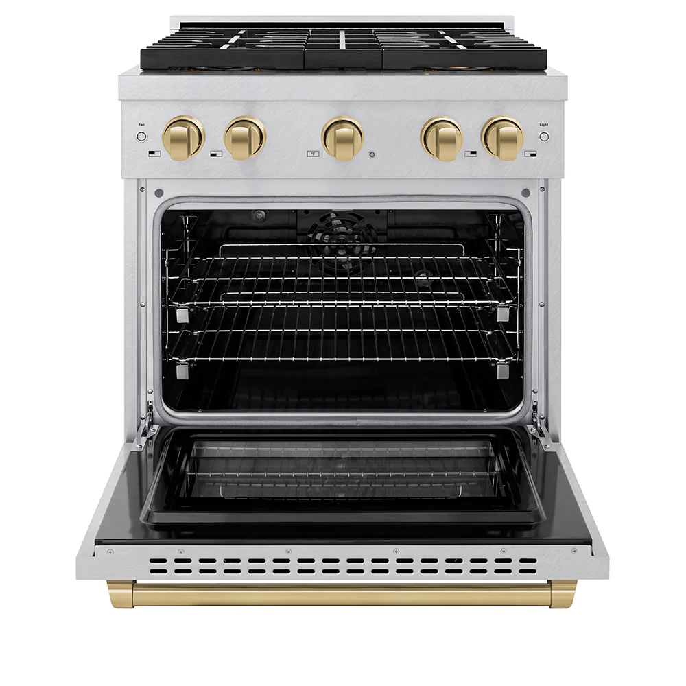 ZLINE Autograph Edition 30 in. 4.2 cu. ft. Paramount Dual Fuel Range with 4 Burner DuoPro™ Cooktop and Electric Convection Oven in Satin Stainless Steel and Champagne Bronze Accents (PSDRSZ-30-CB) - Image 3