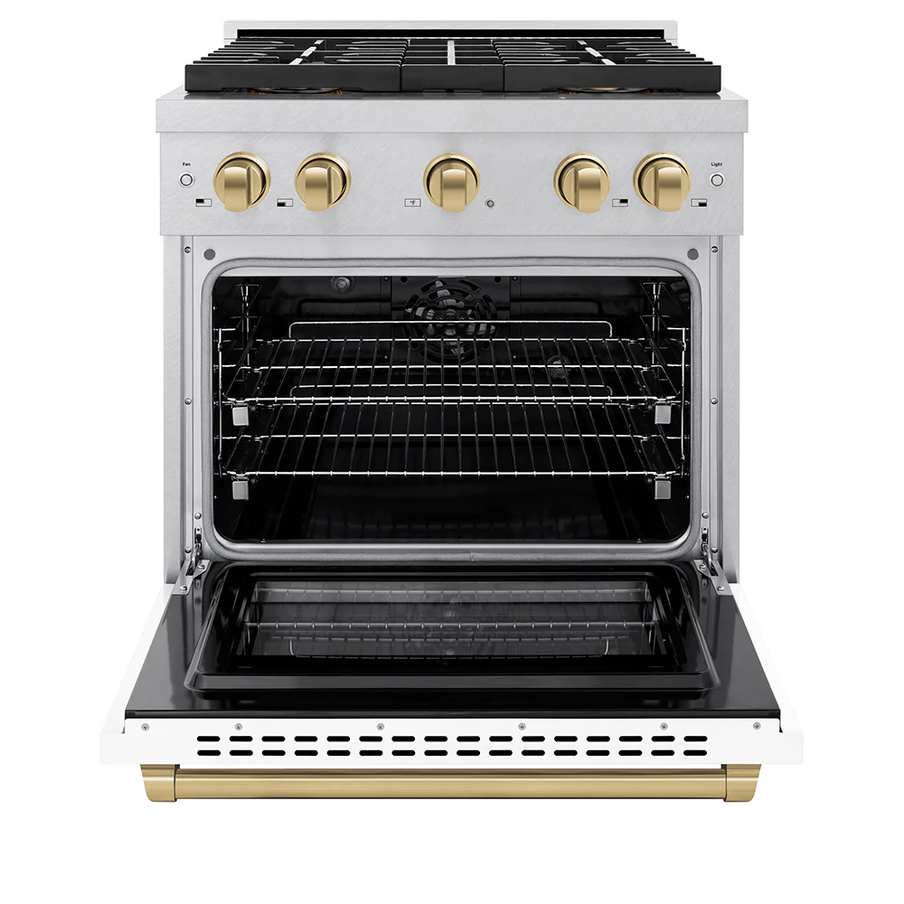 ZLINE Autograph Edition 30 in. 4.2 cu. ft. Paramount Dual Fuel Range with 4 Burner DuoPro™ Cooktop and Electric Convection Oven in Satin Stainless Steel with White Matte Door and Champagne Bronze Accents (PSDRSZ-WM-30-CB) - Image 3