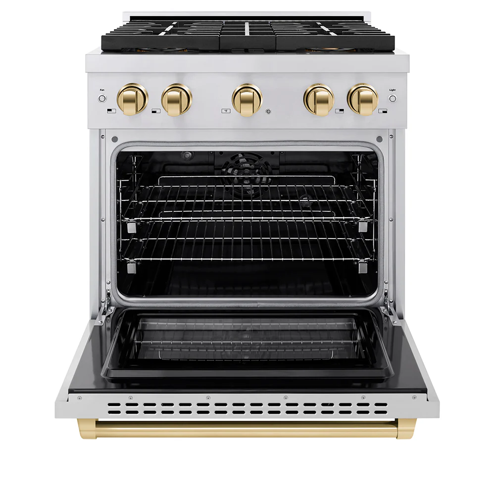 ZLINE Autograph Edition 30 in. 4.2 cu. ft. Paramount Dual Fuel Range with 4 Burner DuoPro™ Cooktop and Electric Convection Oven in Stainless Steel with Polished Gold Accents (PSDRZ-30-G) - Image 2