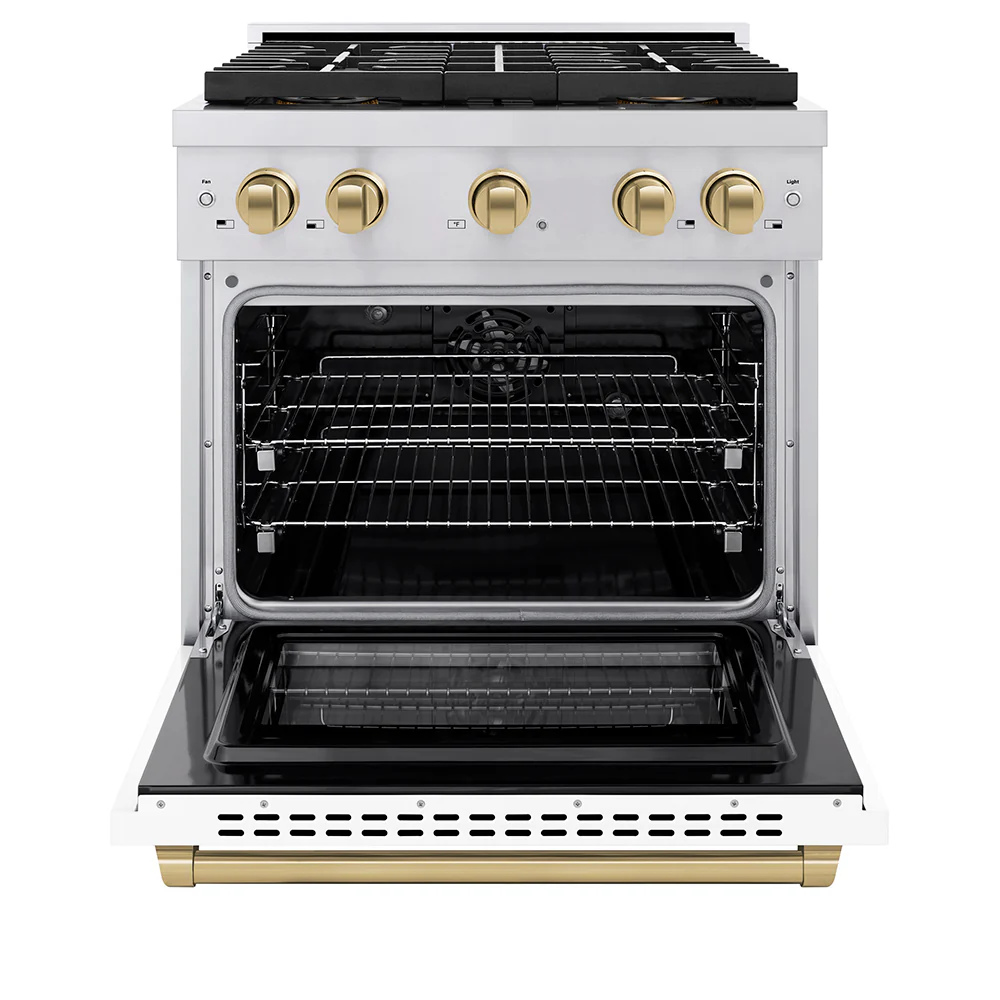 ZLINE Autograph Edition 30 in. 4.2 cu. ft. Paramount Dual Fuel Range with 4 Burner DuoPro™ Cooktop and Electric Convection Oven in Stainless Steel with White Matte Door and Champagne Bronze Accents (PSDRZ-WM-30-CB) - Image 3