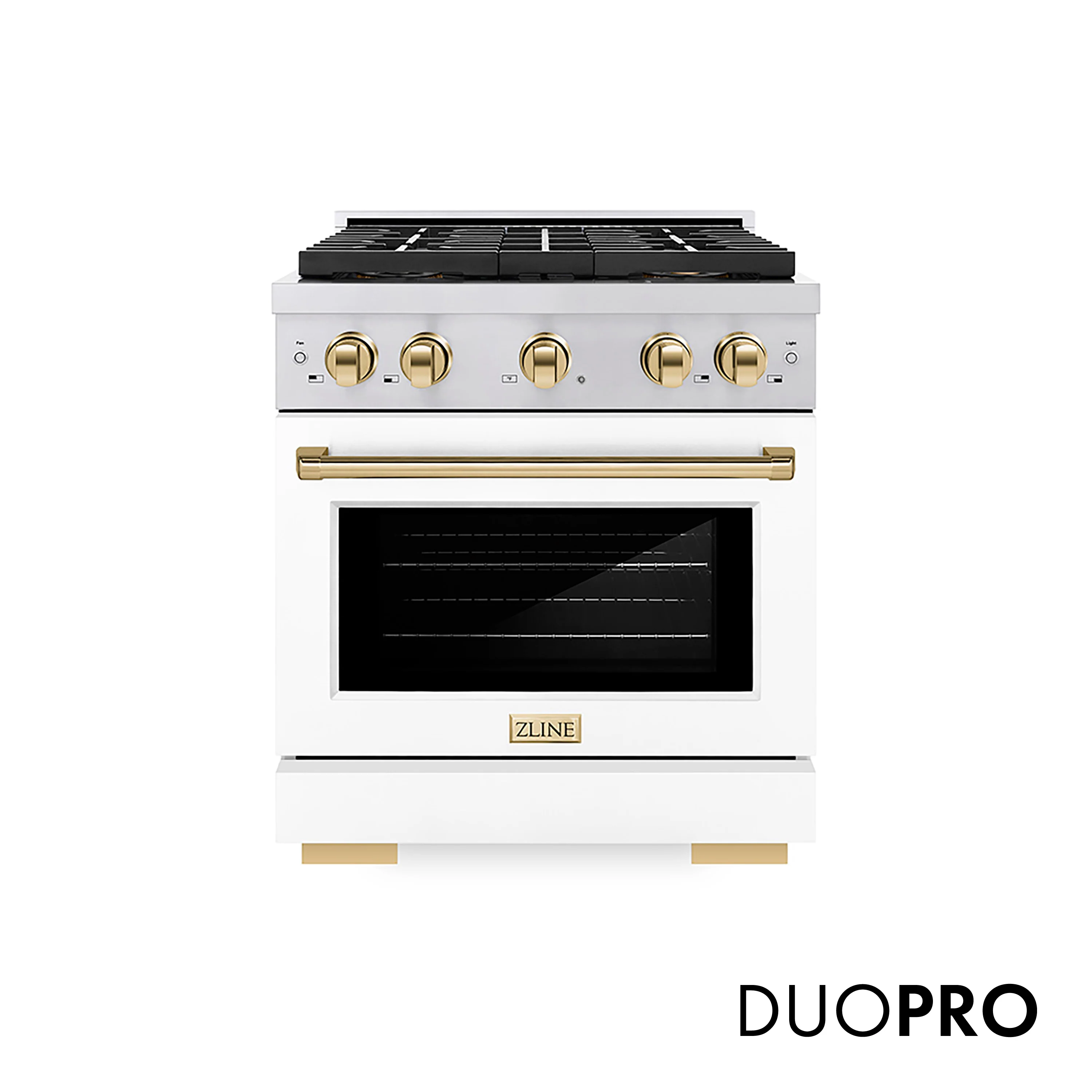ZLINE Autograph Edition 30 in. 4.2 cu. ft. Paramount Dual Fuel Range with 4 Burner DuoPro™ Cooktop and Electric Convection Oven in Stainless Steel with White Matte Door and Polished Gold Accents (PSDRZ-WM-30-G)