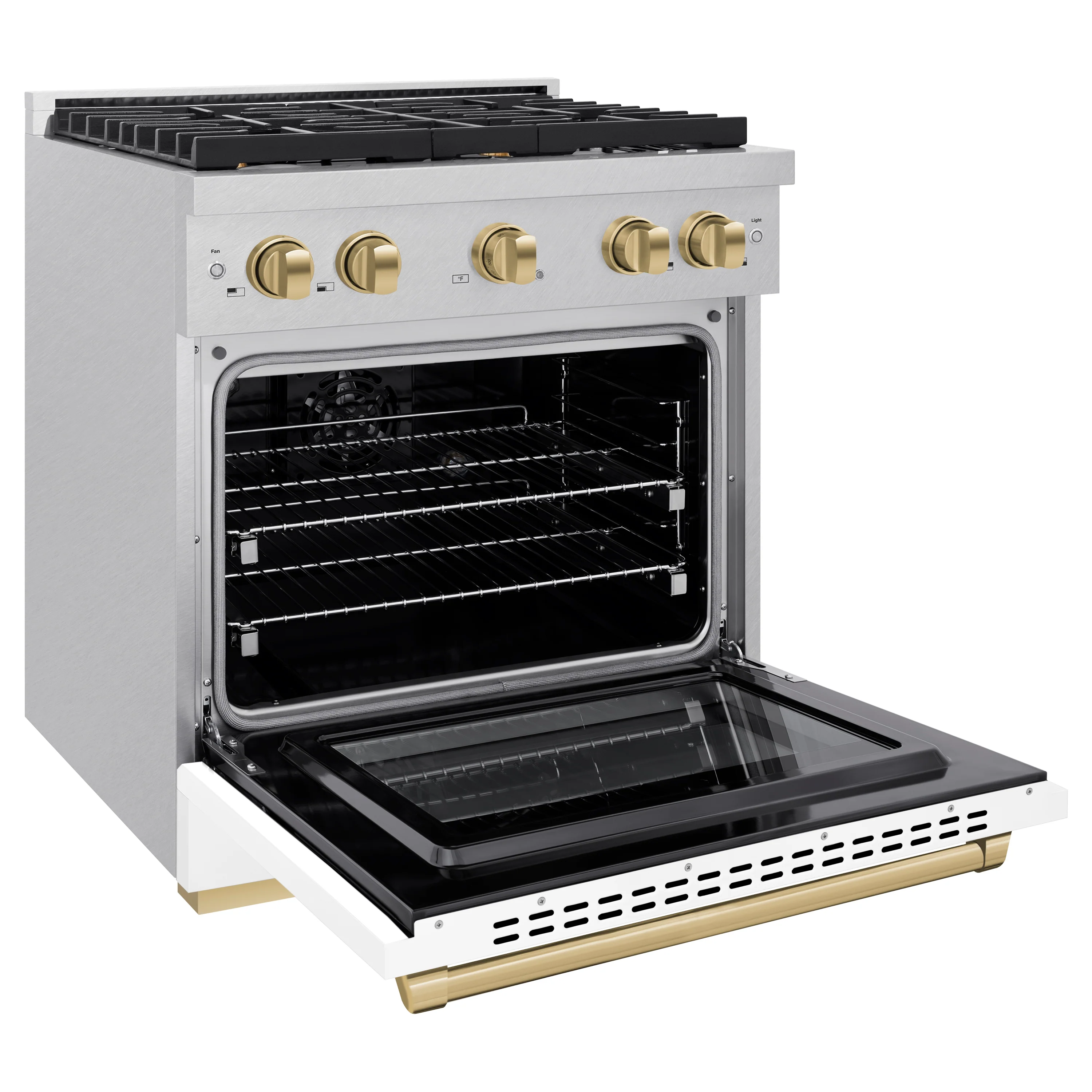 ZLINE Autograph Edition 30 in. 4.2 cu. ft. Paramount Dual Fuel Range with 4 Burner Gas Cooktop and Electric Convection Oven in Satin Stainless Steel with White Matte Door and Champagne Bronze Accents (SDRSZ-WM-30-CB) - Image 4