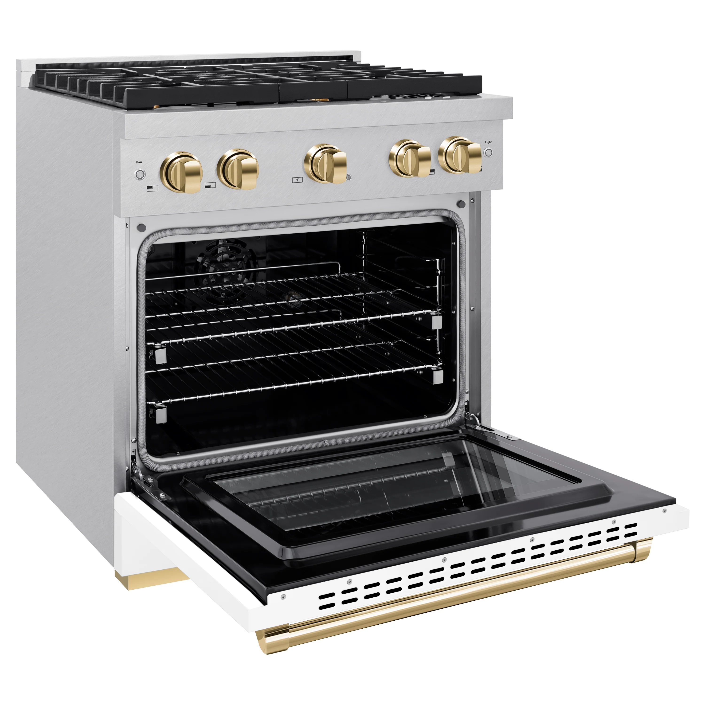 ZLINE Autograph Edition 30 in. 4.2 cu. ft. Paramount Dual Fuel Range with 4 Burner Gas Cooktop and Electric Convection Oven in Satin Stainless Steel with White Matte Door and Polished Gold Accents (SDRSZ-WM-30-G) - Image 4
