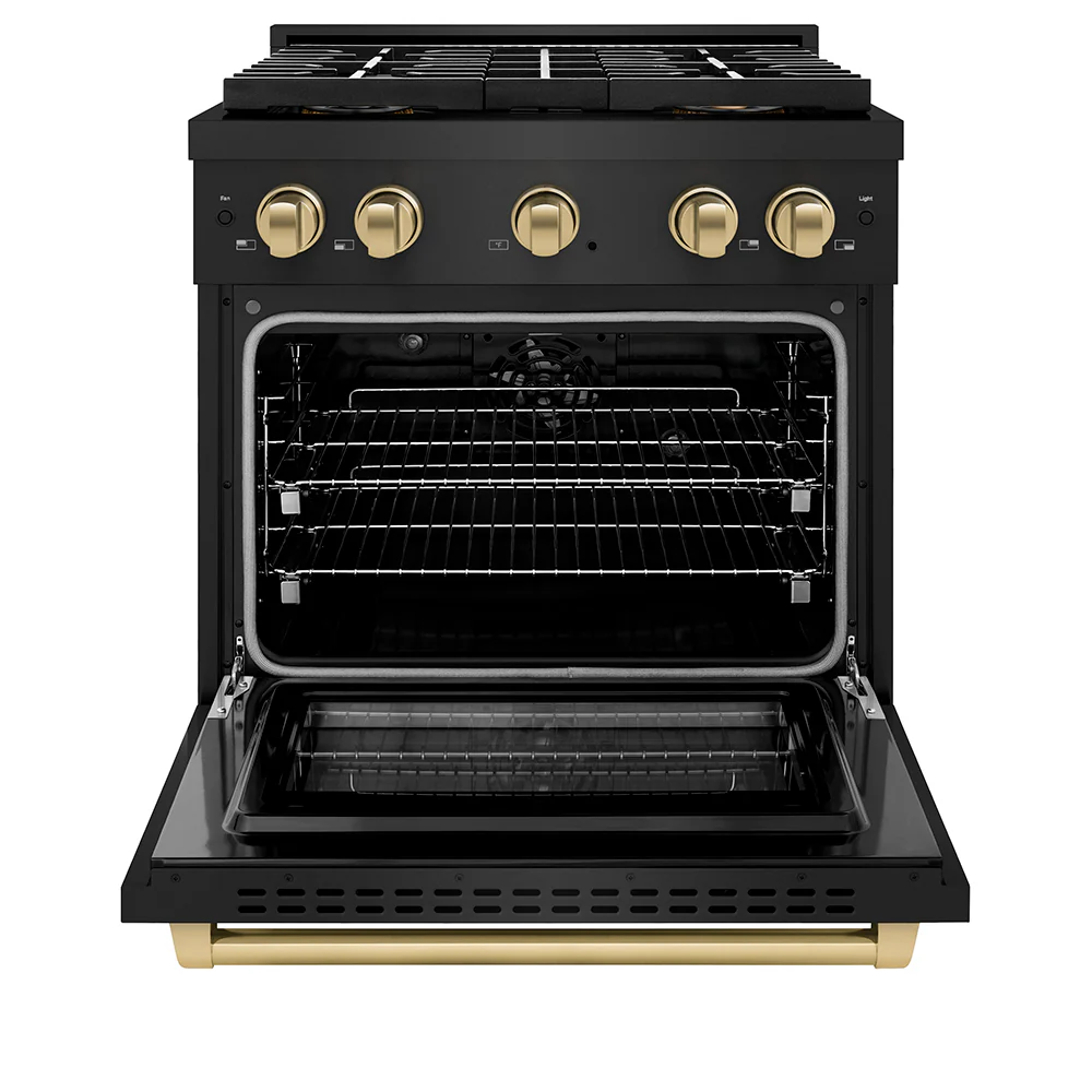 ZLINE Autograph Edition 30 in. 4.2 cu. ft. Paramount Dual Fuel Range with 4 Burner DuoPro™ Cooktop and Electric Convection Oven in Black Stainless Steel and Champagne Bronze Accents (PSDRBZ-30-CB) - Image 3