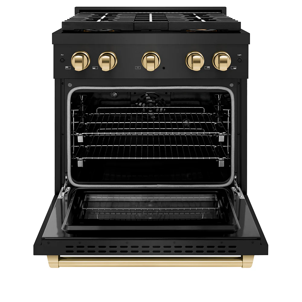 ZLINE Autograph Edition 30 in. 4.2 cu. ft. Paramount Dual Fuel Range with 4 Burner DuoPro™ Cooktop and Electric Convection Oven in Black Stainless Steel and Polished Gold Accents (PSDRBZ-30-G) - Image 3
