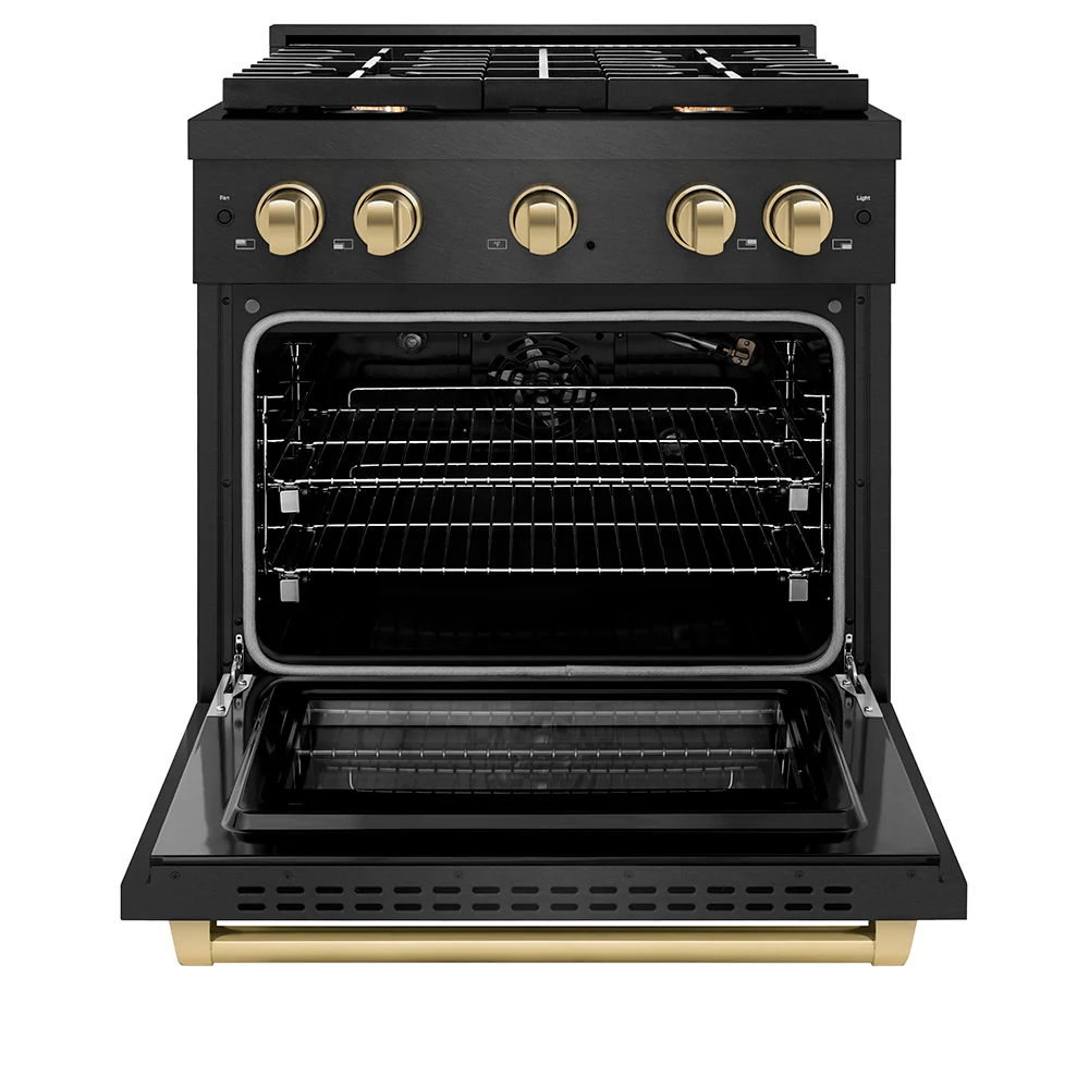 ZLINE Autograph Edition 30 in. 4.2 cu. ft. Paramount Gas Range with 4 Burner Cooktop and Convection Gas Oven in Black Satin Stainless Steel and Champagne Bronze Accents (SGRBSZ-30-CB) - Image 2