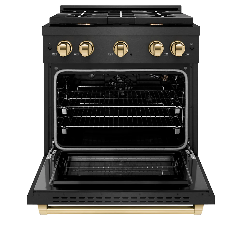 ZLINE Autograph Edition 30 in. 4.2 cu. ft. Paramount Gas Range with 4 Burner Cooktop and Convection Gas Oven in Black Satin Stainless Steel and Polished Gold Accents (SGRBSZ-30-G) - Image 2