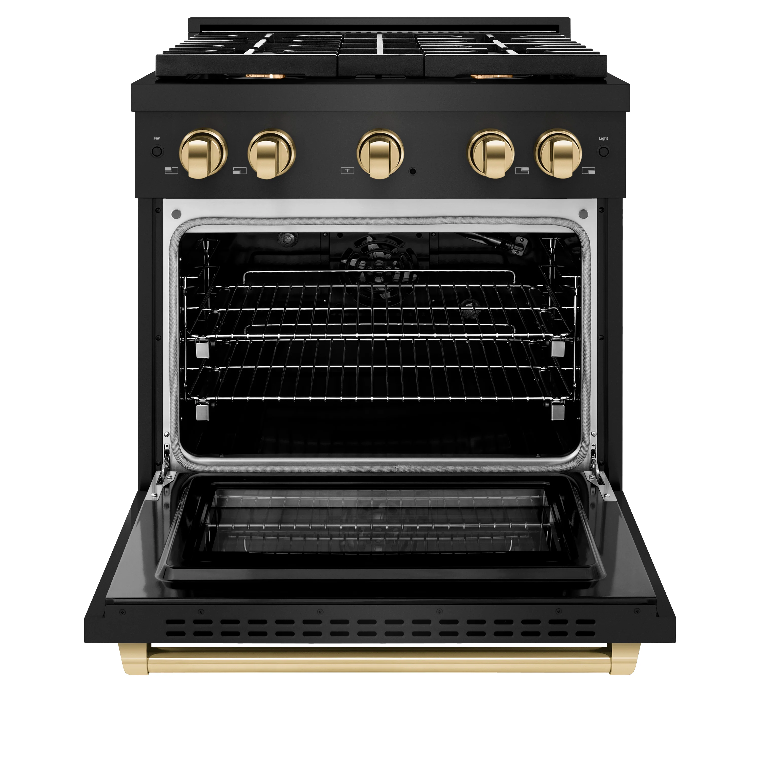ZLINE Autograph Edition 30 in. 4.2 cu. ft. Paramount Gas Range with 4 Burner Cooktop and Convection Gas Oven in Black Stainless Steel and Polished Gold Accents (SGRBZ-30-G) - Image 3