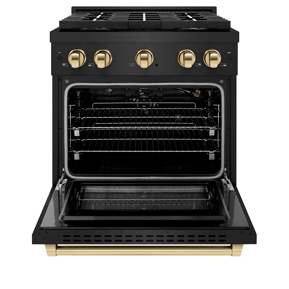 ZLINE Autograph Edition 30 in. 4.2 cu. ft. Paramount Gas Range with 4 Burner DuoPro™ Cooktop and Convection Gas Oven in Black Stainless Steel and Polished Gold Accents (PSGRBZ-30-G) - Image 3