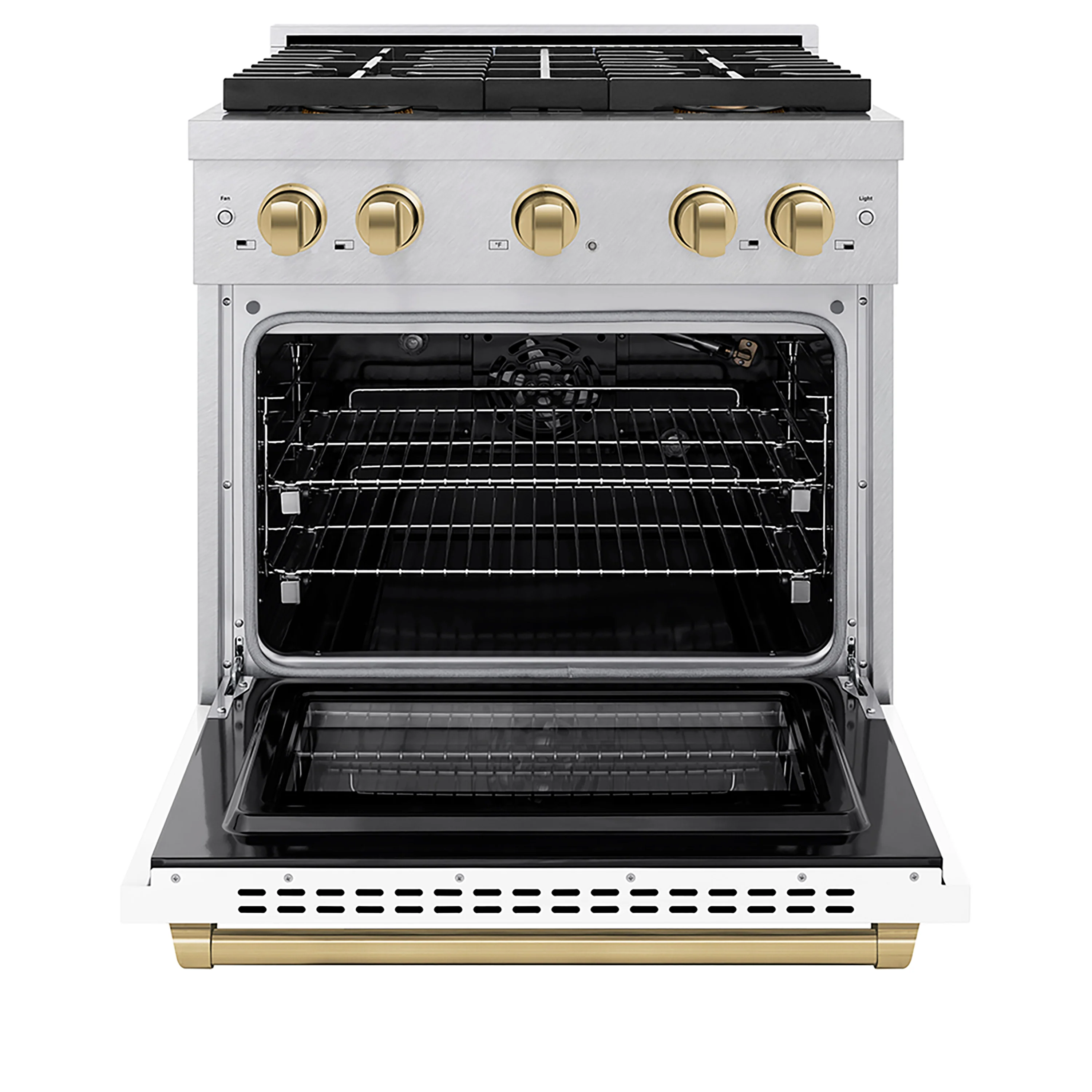 ZLINE Autograph Edition 30 in. 4.2 cu. ft. Paramount Gas Range with 4 Burner DuoPro™ Cooktop and Convection Gas Oven in Satin Stainless Steel with White Matte Door and Champagne Bronze Accents (PSGRSZ-WM-30-CB) - Image 3