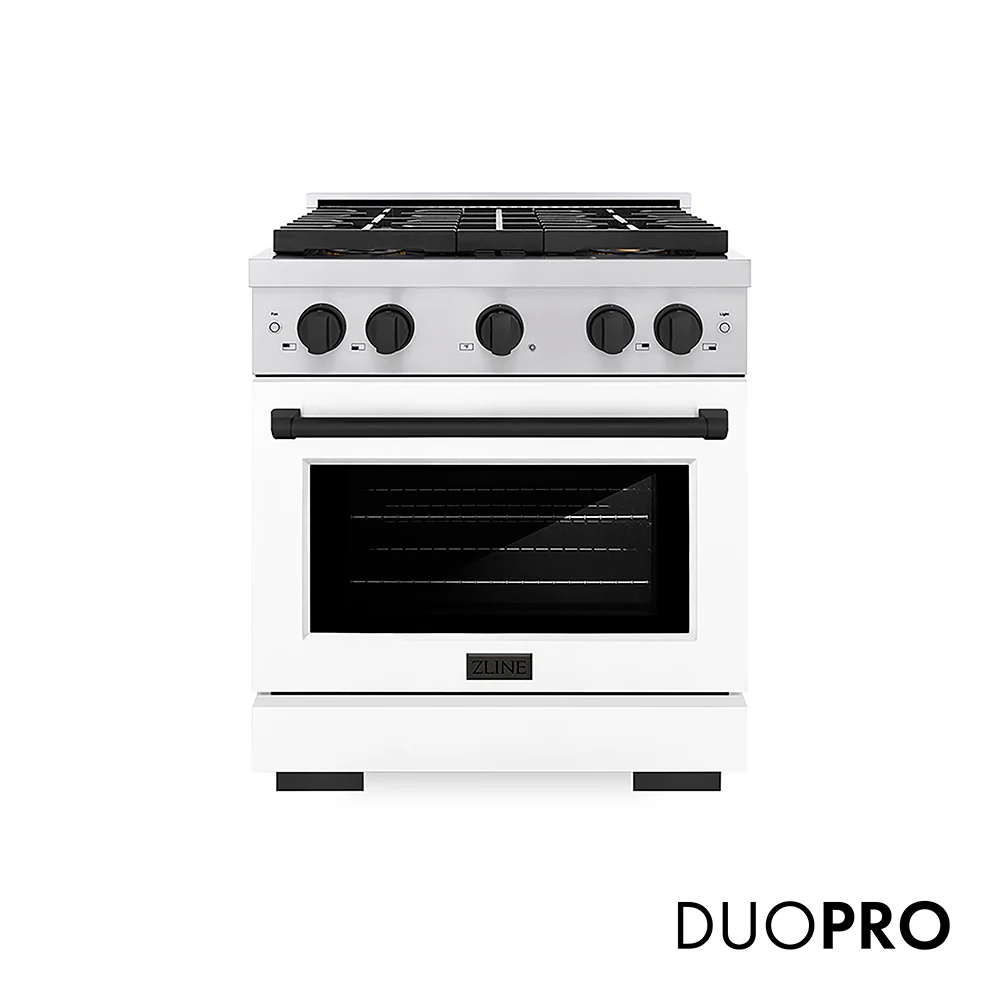 ZLINE Autograph Edition 30 in. 4.2 cu. ft. Paramount Gas Range with 4 Burner DuoPro™ Cooktop and Convection Gas Oven in Stainless Steel with White Matte Door and Matte Black Accents (PSGRZ-WM-30-MB)