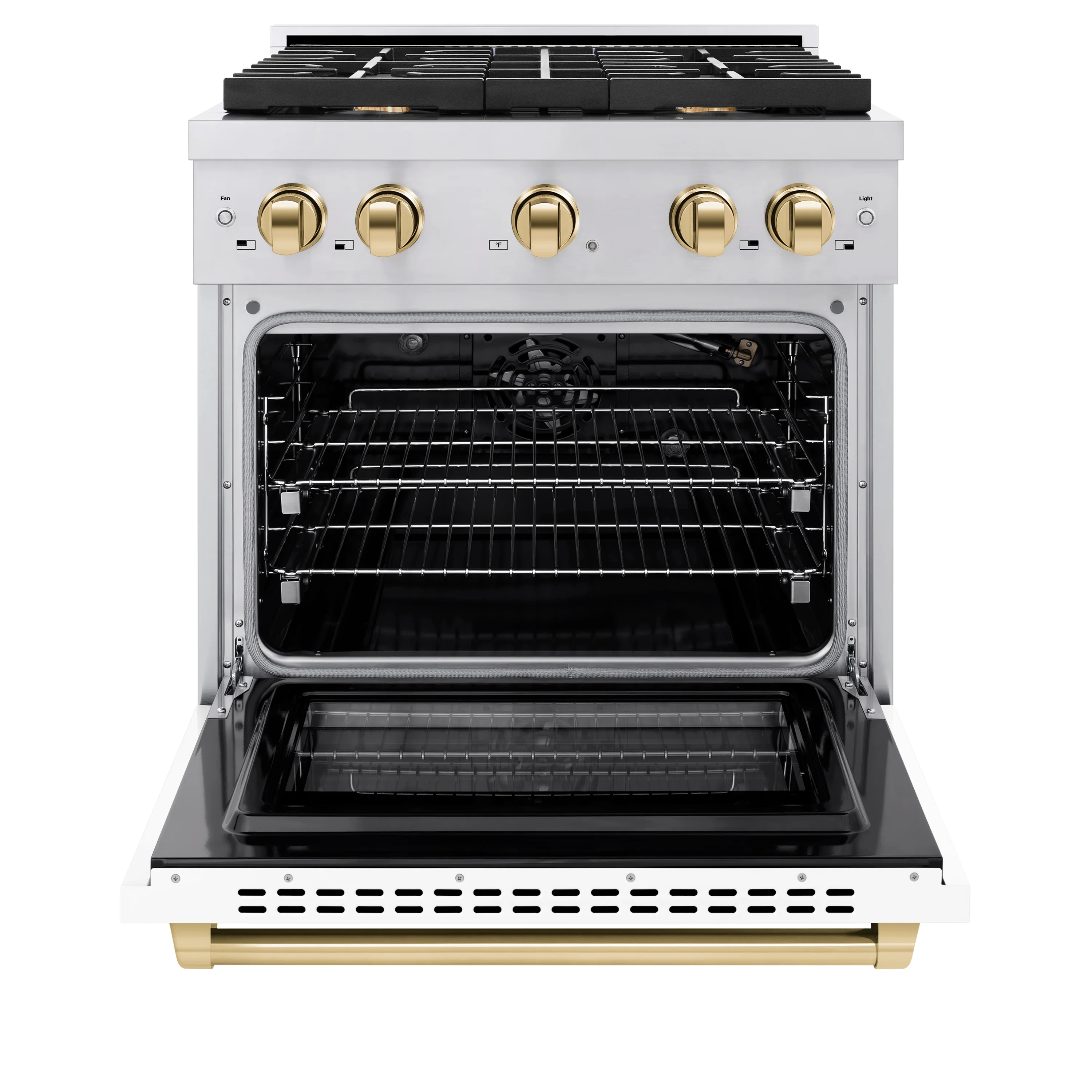 ZLINE Autograph Edition 30 in. 4.2 cu. ft. Paramount Gas Range with 4 Burner Cooktop and Convection Gas Oven in Stainless Steel with White Matte Door and Polished Gold Accents (SGRZ-WM-30-G) - Image 3