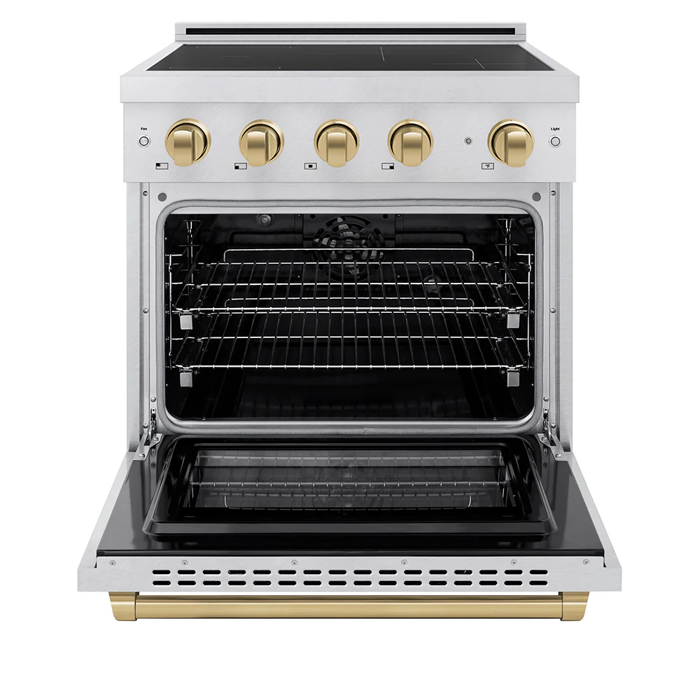 ZLINE Autograph Edition 30 in. 4.2 cu. ft. Paramount Induction Range with 4 Element Cooktop and Electric Convection Oven in Satin Stainless Steel with Champagne Bronze Accents (SINRSZ-30-CB) - Image 3