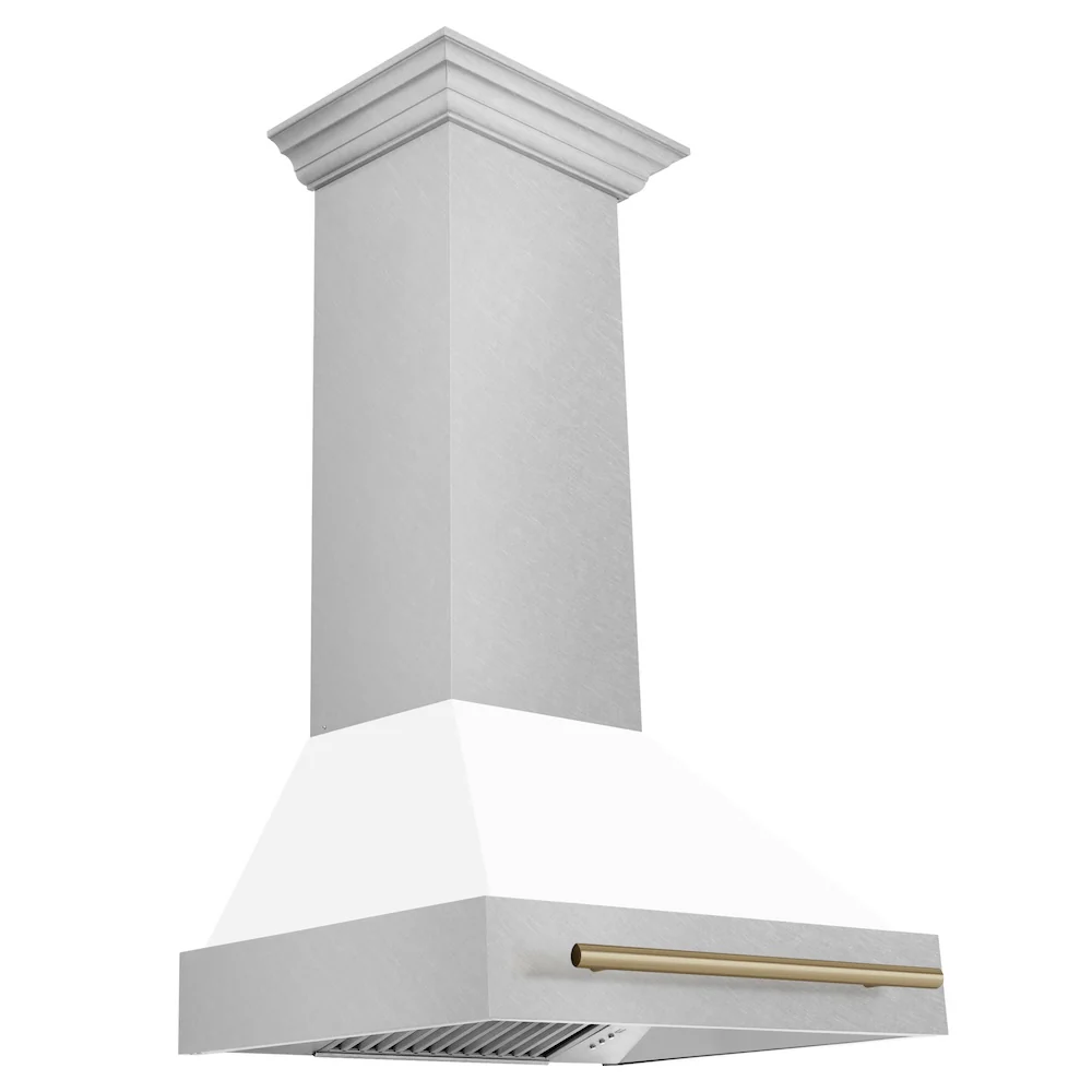 ZLINE Autograph Edition 30 in. Satin Stainless Steel Wall Mount Range Hood with White Matte Shell and Champagne Bronze Handle (8654SNZ-WM30-CB) - Image 5