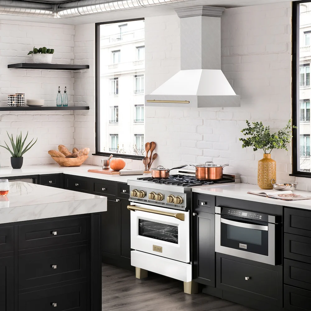 ZLINE Autograph Edition 30 in. Satin Stainless Steel Wall Mount Range Hood with White Matte Shell and Champagne Bronze Handle (8654SNZ-WM30-CB) - Image 6