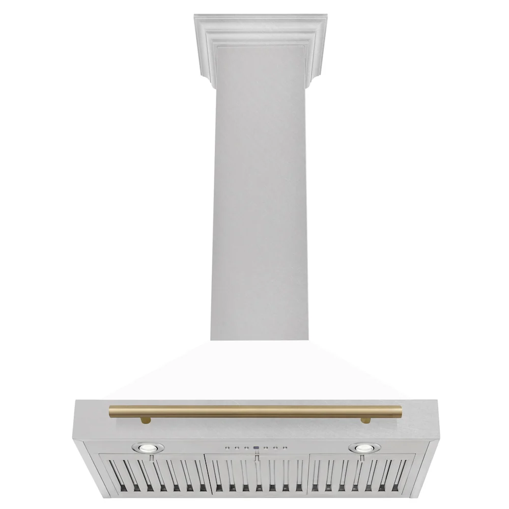 ZLINE Autograph Edition 30 in. Convertible Satin Stainless Steel Wall Mount Range Hood with White Matte Shell and Champagne Bronze Handle (KB4SNZ-WM30-CB) - Image 5