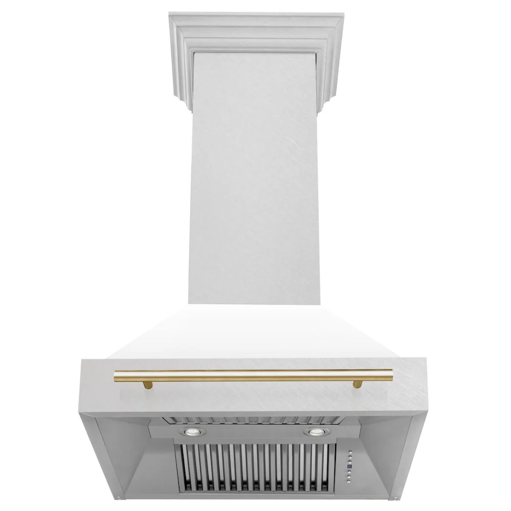 ZLINE Autograph Edition 30 in. Satin Stainless Steel Wall Mount Range Hood with White Matte Shell and Polished Gold Handle (8654SNZ-WM30-G) - Image 3