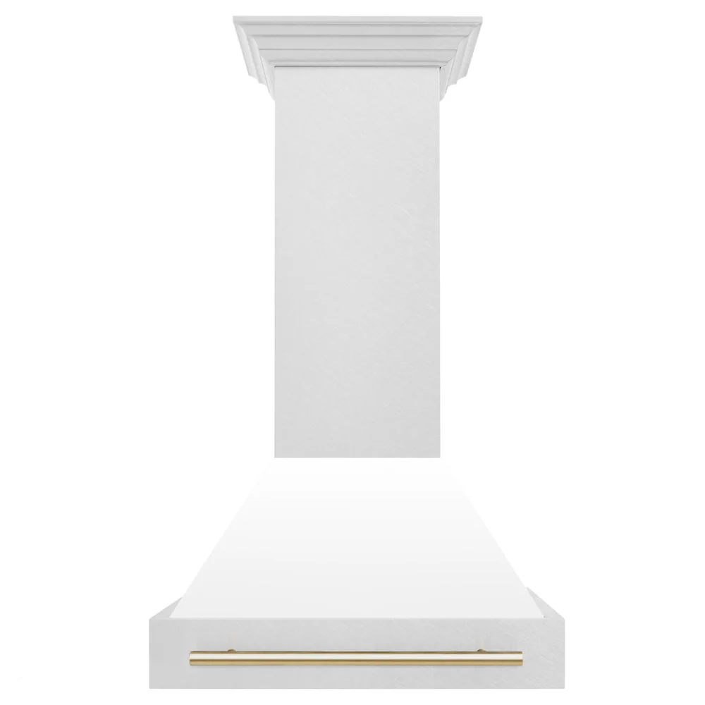 ZLINE Autograph Edition 30 in. Satin Stainless Steel Wall Mount Range Hood with White Matte Shell and Polished Gold Handle (8654SNZ-WM30-G) - Image 4
