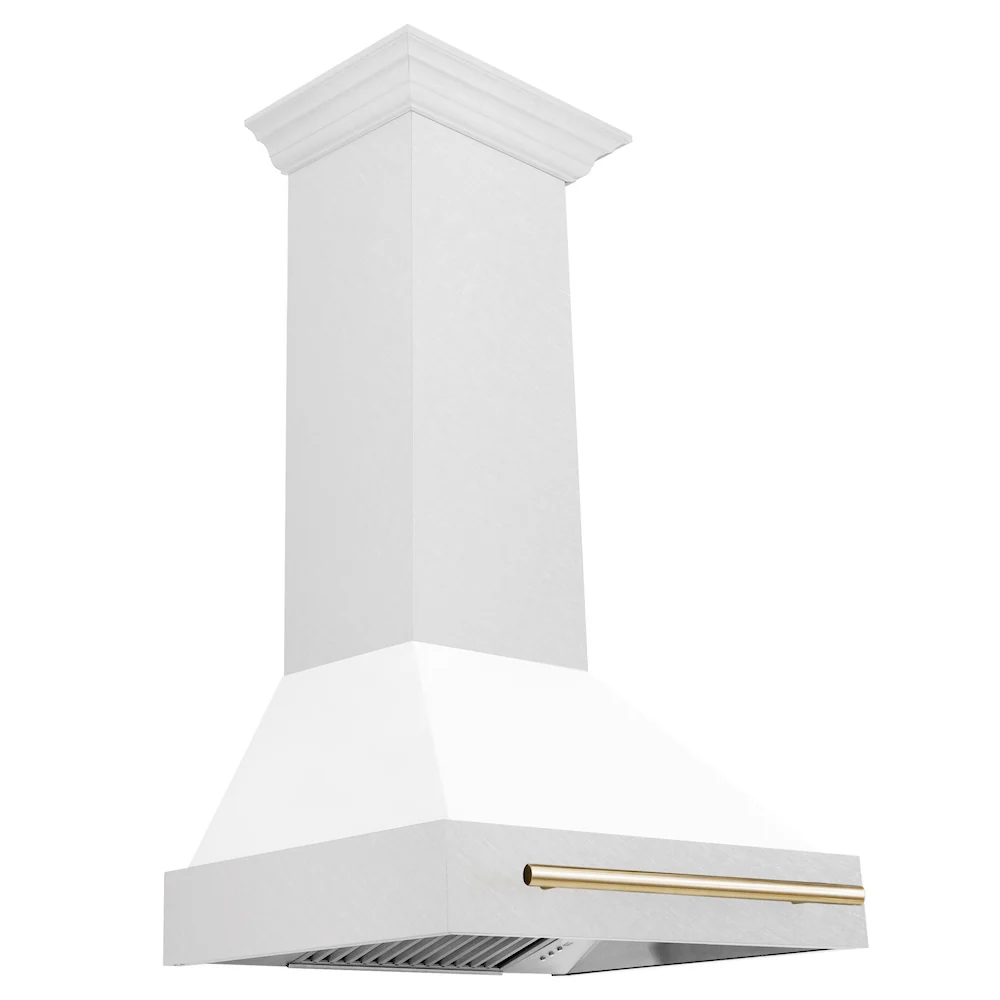 ZLINE Autograph Edition 30 in. Satin Stainless Steel Wall Mount Range Hood with White Matte Shell and Polished Gold Handle (8654SNZ-WM30-G) - Image 5