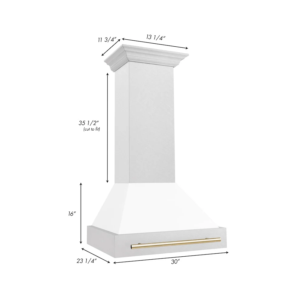 ZLINE Autograph Edition 30 in. Satin Stainless Steel Wall Mount Range Hood with White Matte Shell and Polished Gold Handle (8654SNZ-WM30-G) - Image 7