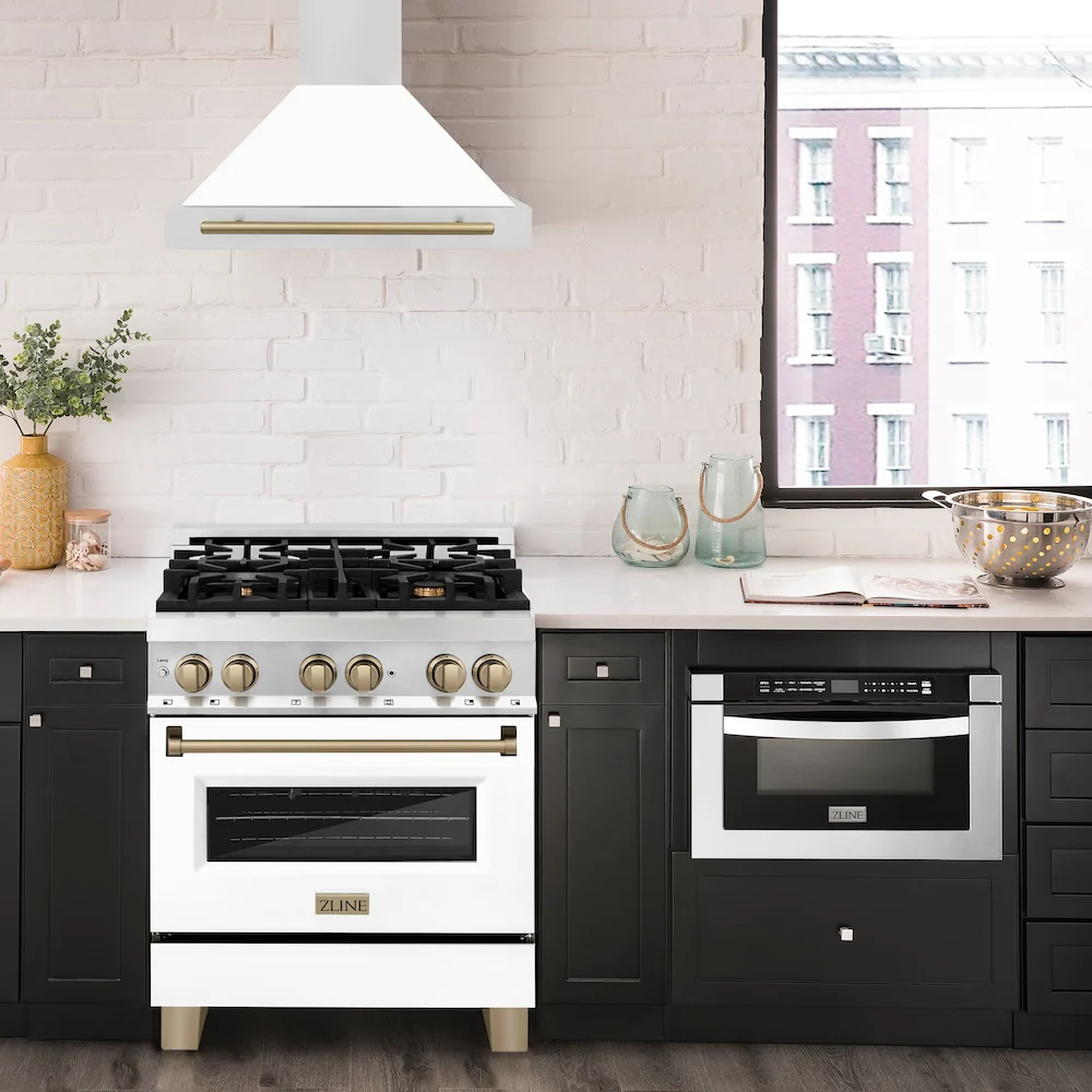 ZLINE 30 in. Autograph Edition Convertible Stainless Steel Range Hood with White Matte Shell and Champagne Bronze Accents (KB4STZ-WM30-CB) - Image 2