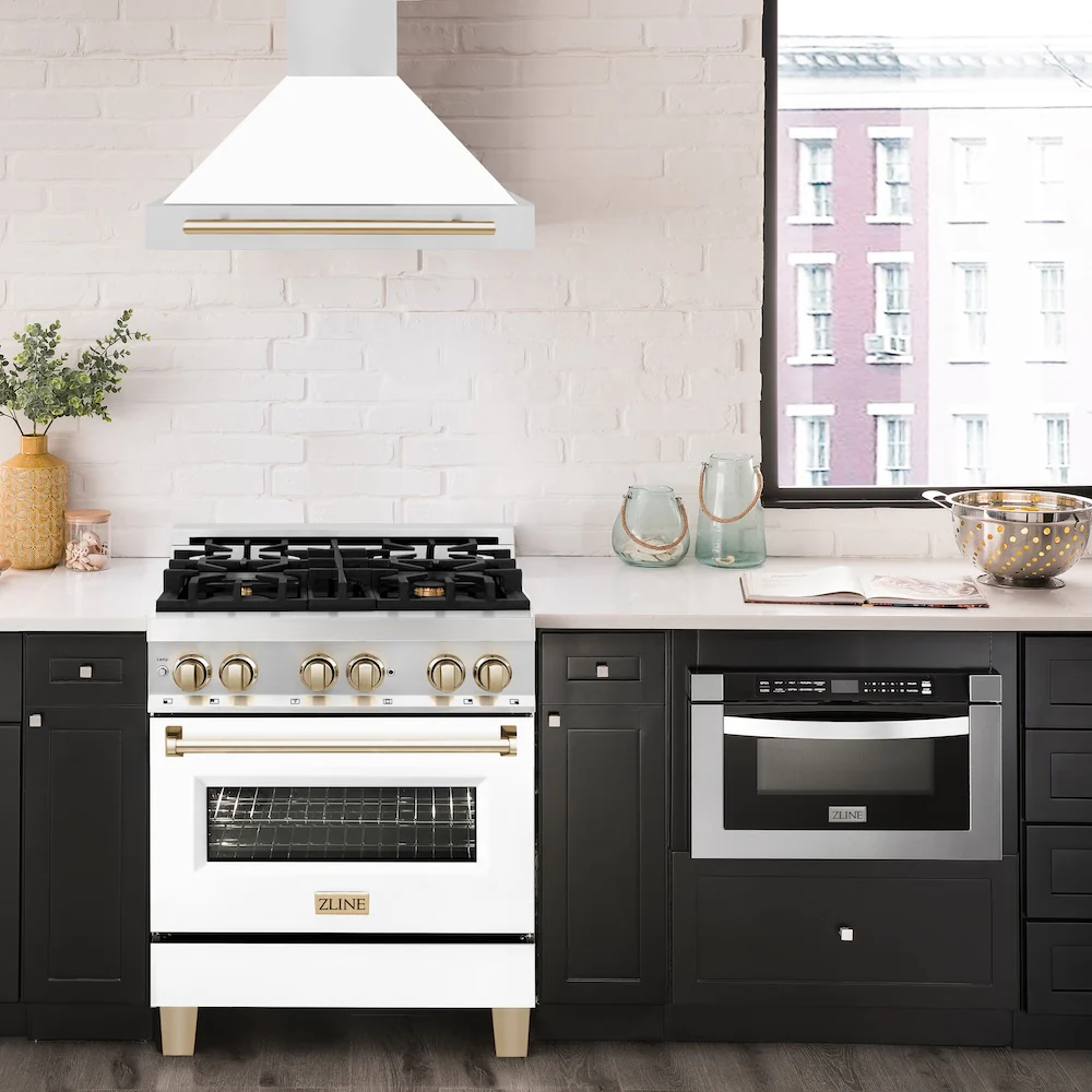 ZLINE 30 in. Autograph Edition Convertible Stainless Steel Range Hood with White Matte Shell and Polished Gold Accents (KB4STZ-WM30-G) - Image 2
