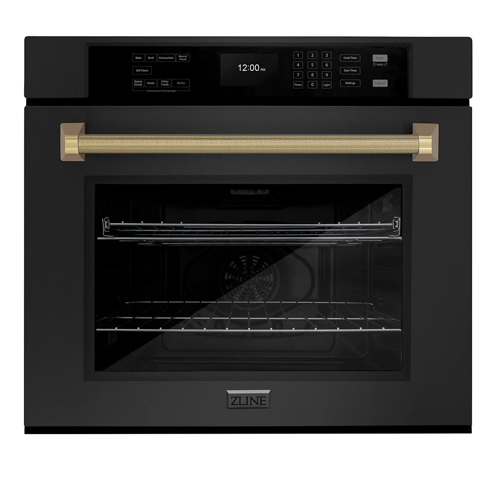 ZLINE Autograph Edition 30 in. Professional True Convection Single Wall Oven with Air Fry and Self Clean in Black Stainless Steel with Champagne Bronze Helix Handle (WASBZ-30-KCB) - Image 4