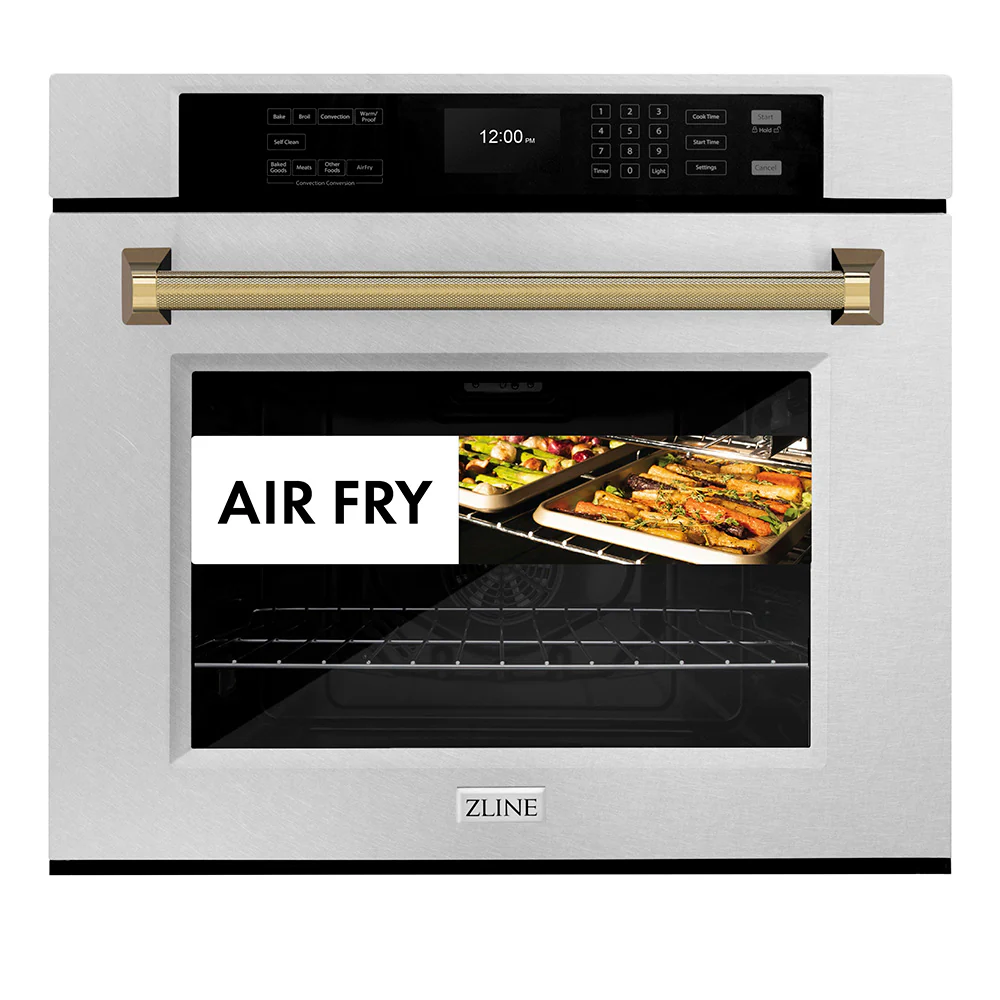 ZLINE Autograph Edition 30 in. Professional True Convection Single Wall Oven with Air Fry and Self Clean in Satin Stainless Steel with Polished Gold Helix Handle (WASSZ-30-KG) - Image 3