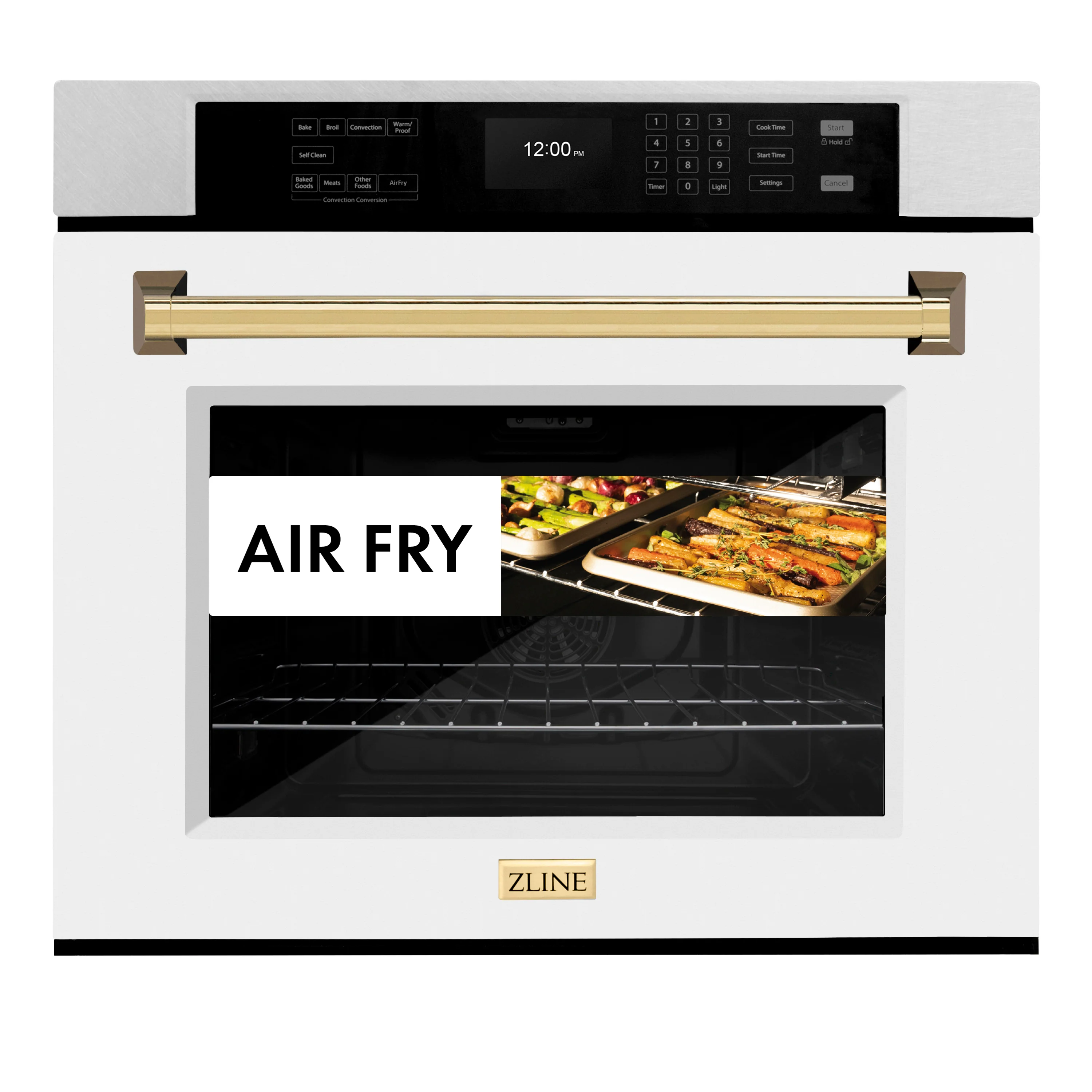 ZLINE 30 in. Autograph Edition Professional True Convection Single Wall Oven with Air Fry and Self Clean in Satin Stainless Steel with White Matte Door and Polished Gold Handle (WASSZ-WM-30-G) - Image 2