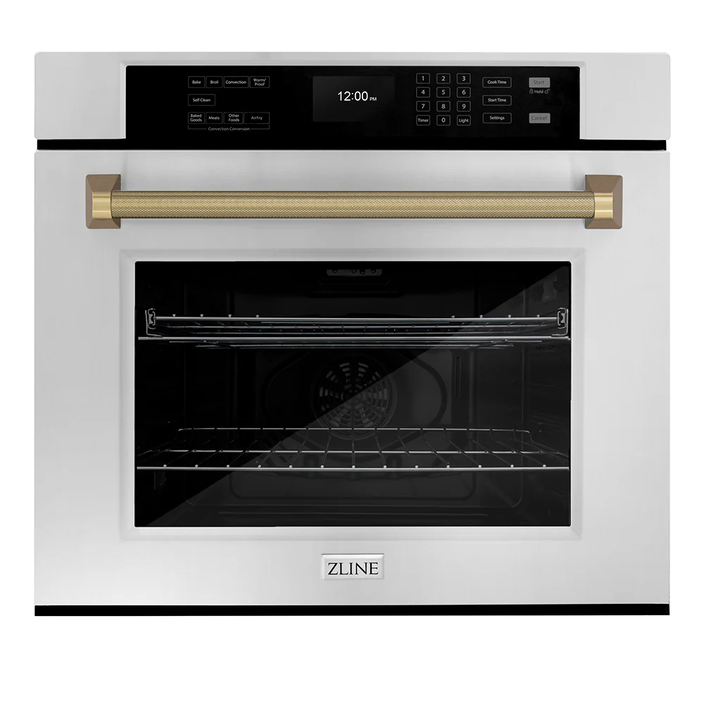 ZLINE Autograph Edition 30 in. Professional True Convection Single Wall Oven with Air Fry and Self Clean in Stainless Steel with Champagne Bronze Helix Handle (WASZ-30-KCB)