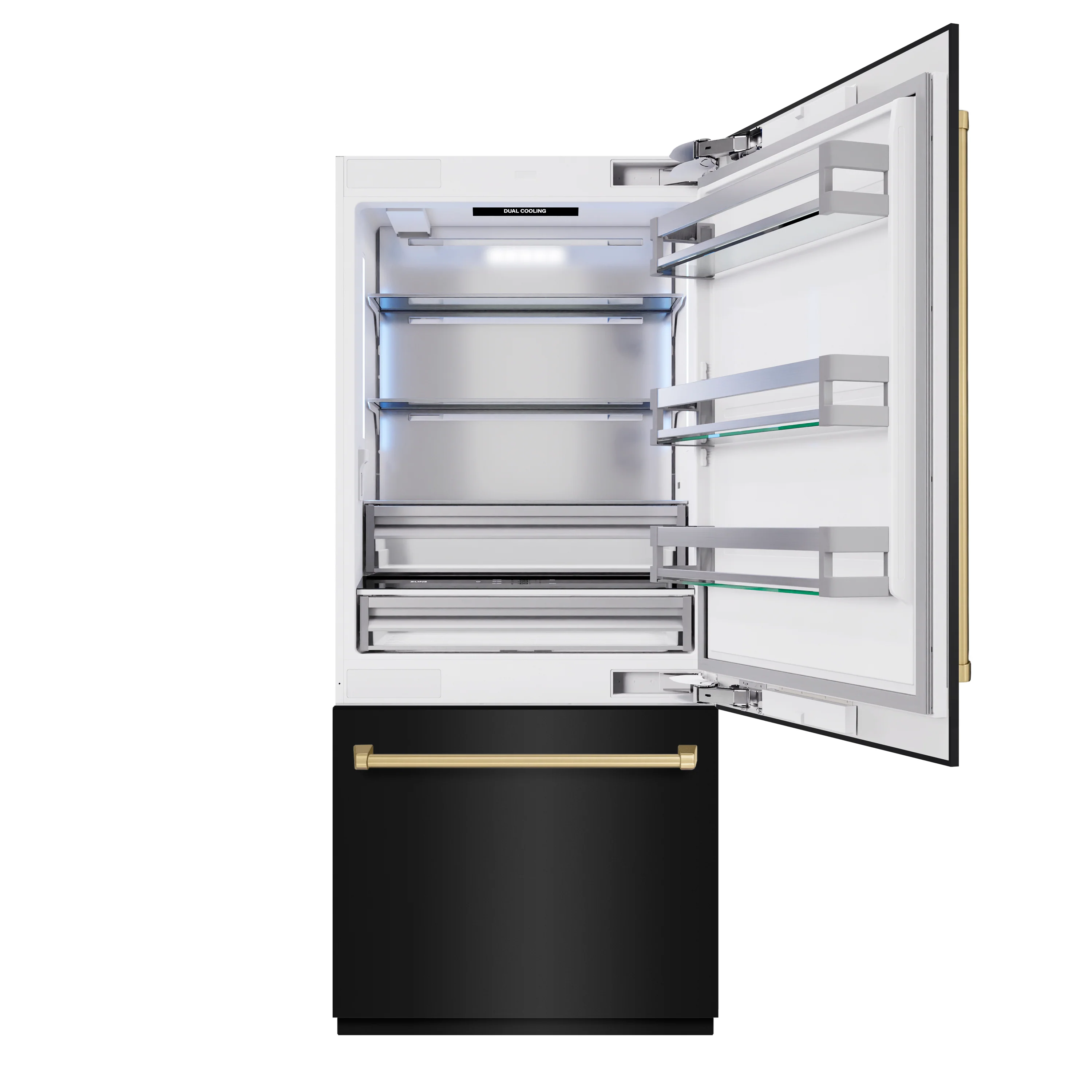 ZLINE Autograph Edition 36 in. 19.8 cu. ft. Built-In Bottom Freezer Refrigerator with Water Dispenser and Ice Maker in Black Stainless Steel and Champagne Bronze Accents (RBITZ-BS-36-CB) - Image 4