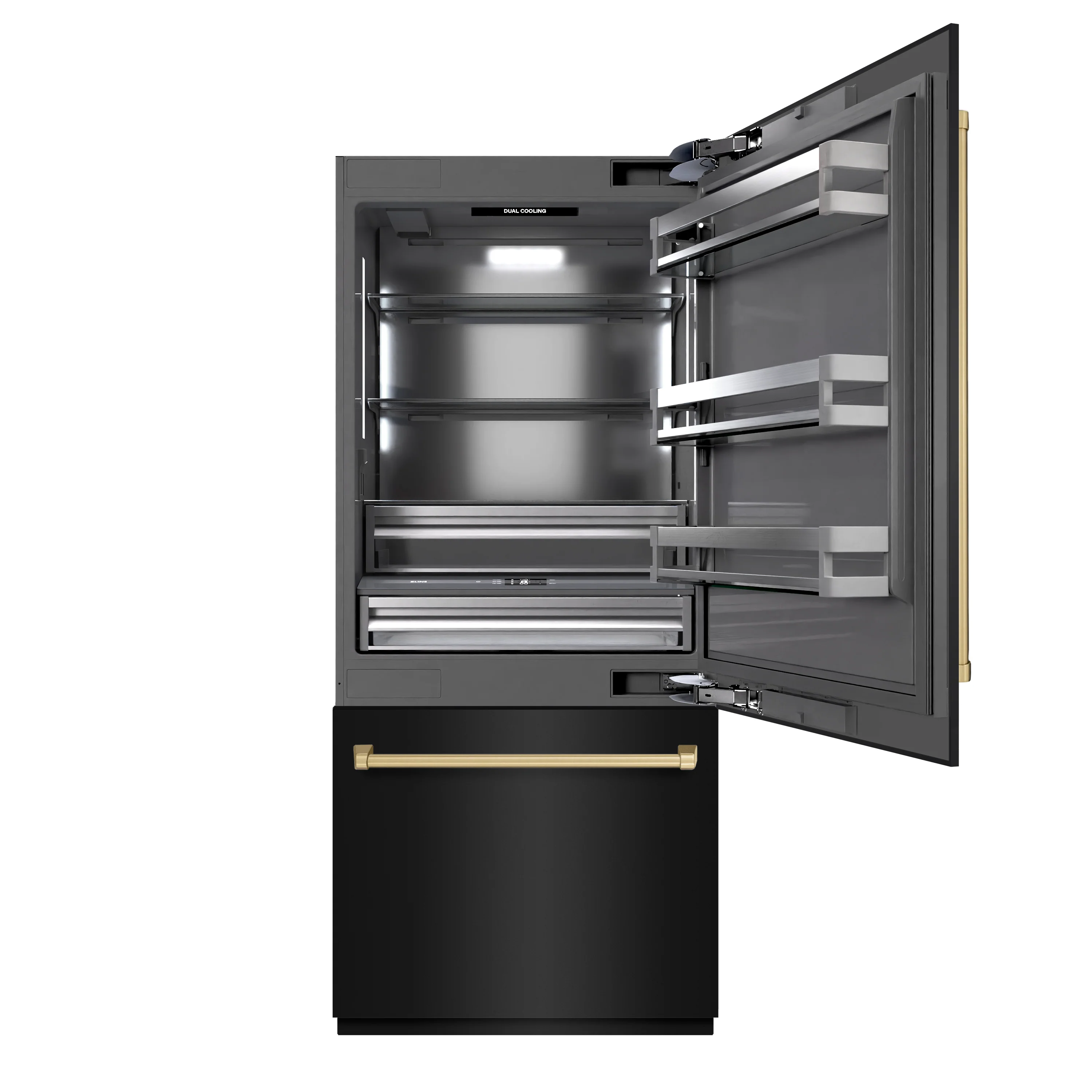 ZLINE Autograph Edition 36 in. 19.8 cu. ft. Built-In Bottom Freezer Refrigerator with Water Dispenser and Ice Maker in Black Stainless Steel with Graphite Gray Interior and Champagne Bronze Accents (GRBITZ-BS-36-CB) - Image 2