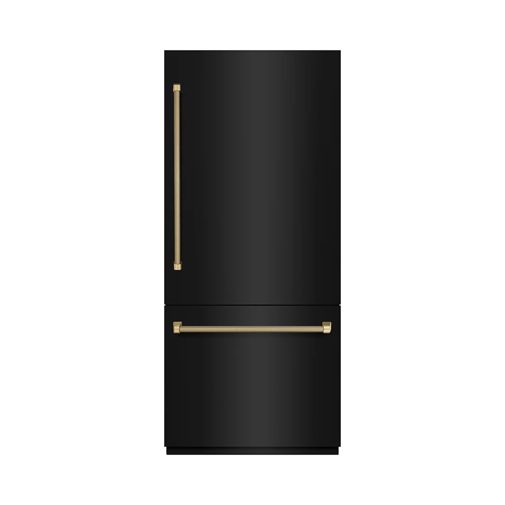 ZLINE Autograph Edition 36 in. 19.8 cu. ft. Built-In Bottom Freezer Refrigerator with Water Dispenser and Ice Maker in Black Stainless Steel with Graphite Gray Interior and Champagne Bronze Helix Handles (GRBITZ-BS36-KCB) - Image 3