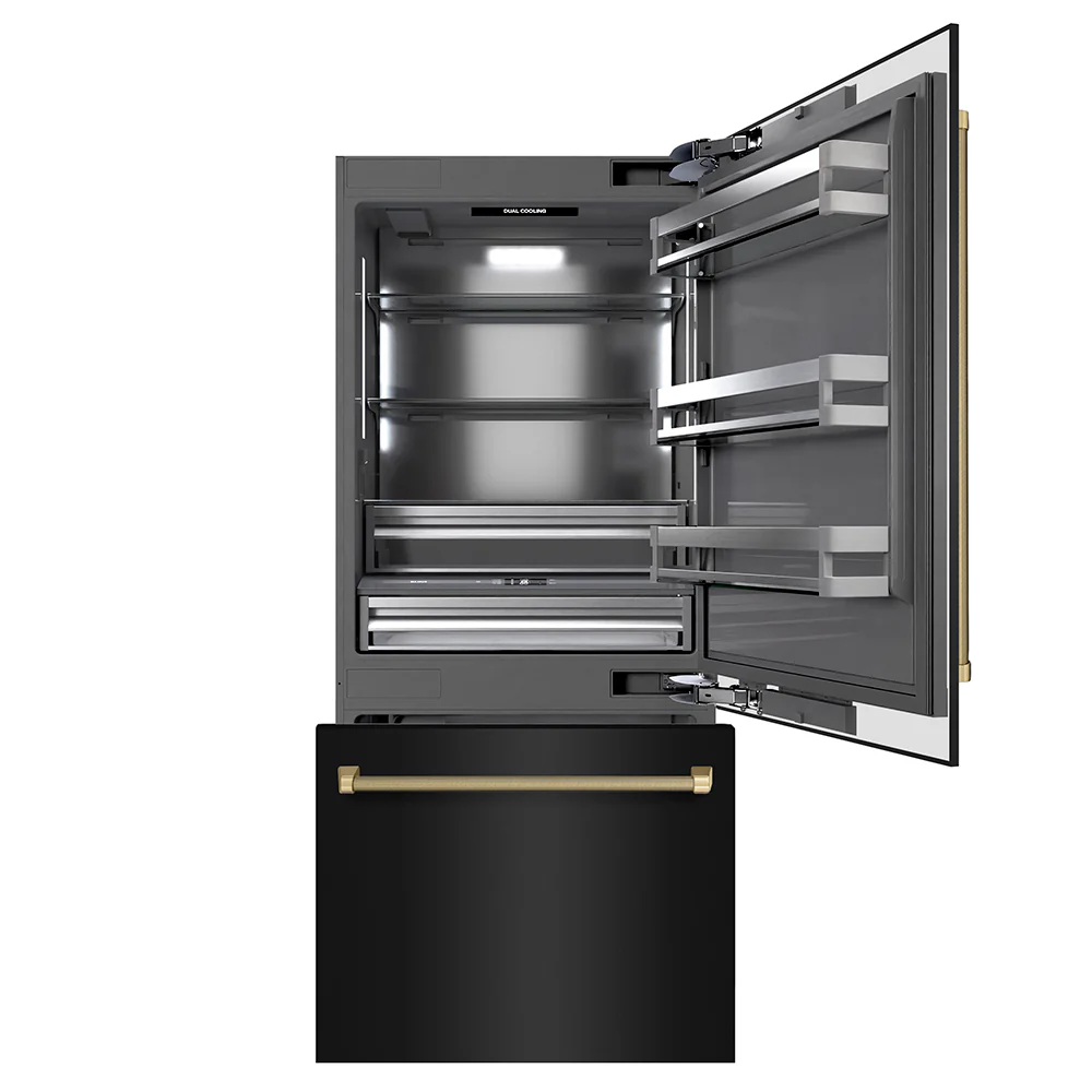 ZLINE Autograph Edition 36 in. 19.8 cu. ft. Built-In Bottom Freezer Refrigerator with Water Dispenser and Ice Maker in Black Stainless Steel with Graphite Gray Interior and Champagne Bronze Helix Handles (GRBITZ-BS36-KCB) - Image 4