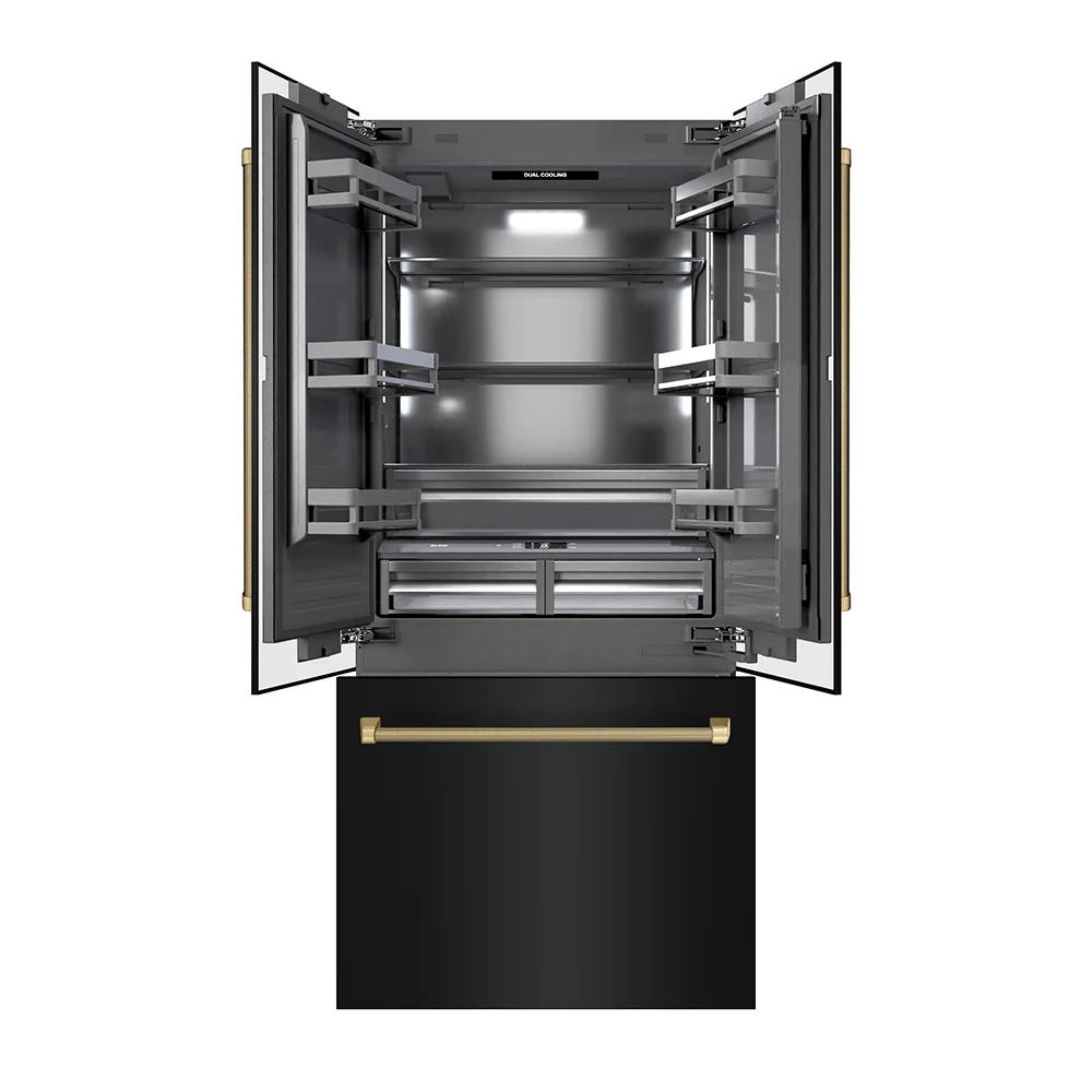 ZLINE Autograph Edition 36 in. 19.6 cu. ft. French Door Built-In Bottom Freezer Refrigerator with Water Dispenser and Ice Maker in Black Stainless Steel with Graphite Gray Interior and Champagne Bronze Helix Handles (GRBIVZ-BS36KCB)