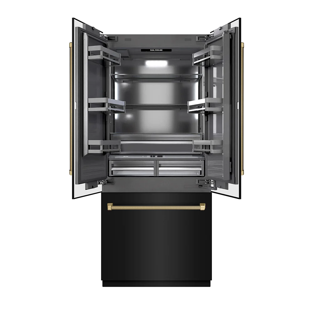 ZLINE Autograph Edition 36 in. 19.6 cu. ft. French Door Built-In Bottom Freezer Refrigerator with Water Dispenser and Ice Maker in Black Stainless Steel with Graphite Gray Interior and Champagne Bronze Helix Handles (GRBIVZ-BS36KCB) - Image 4