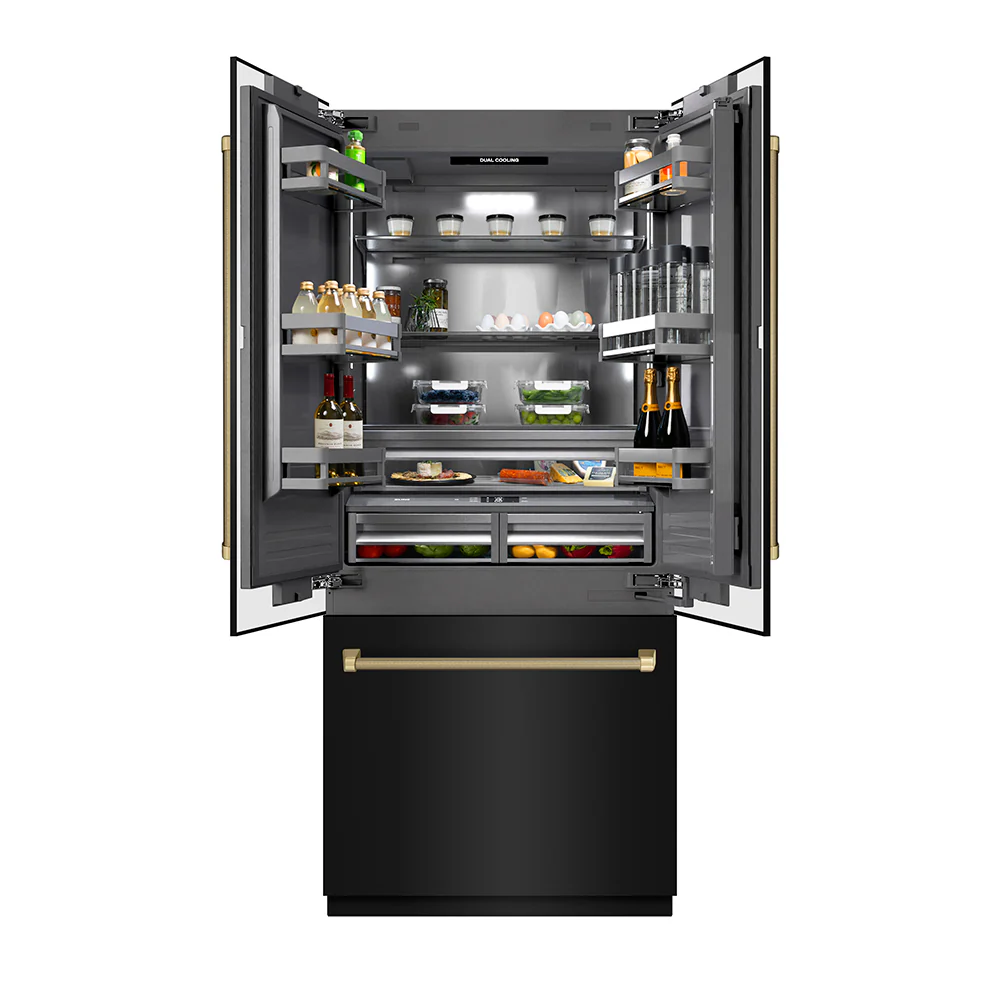 ZLINE Autograph Edition 36 in. 19.6 cu. ft. French Door Built-In Bottom Freezer Refrigerator with Water Dispenser and Ice Maker in Black Stainless Steel with Graphite Gray Interior and Champagne Bronze Helix Handles (GRBIVZ-BS36KCB) - Image 5