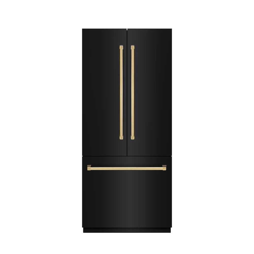 ZLINE Autograph Edition 36 in. 19.6 cu. ft. French Door Built-In Bottom Freezer Refrigerator with Water Dispenser and Ice Maker in Black Stainless Steel with Graphite Gray Interior and Polished Gold Accents (GRBIVZ-BS-36-G) - Image 4