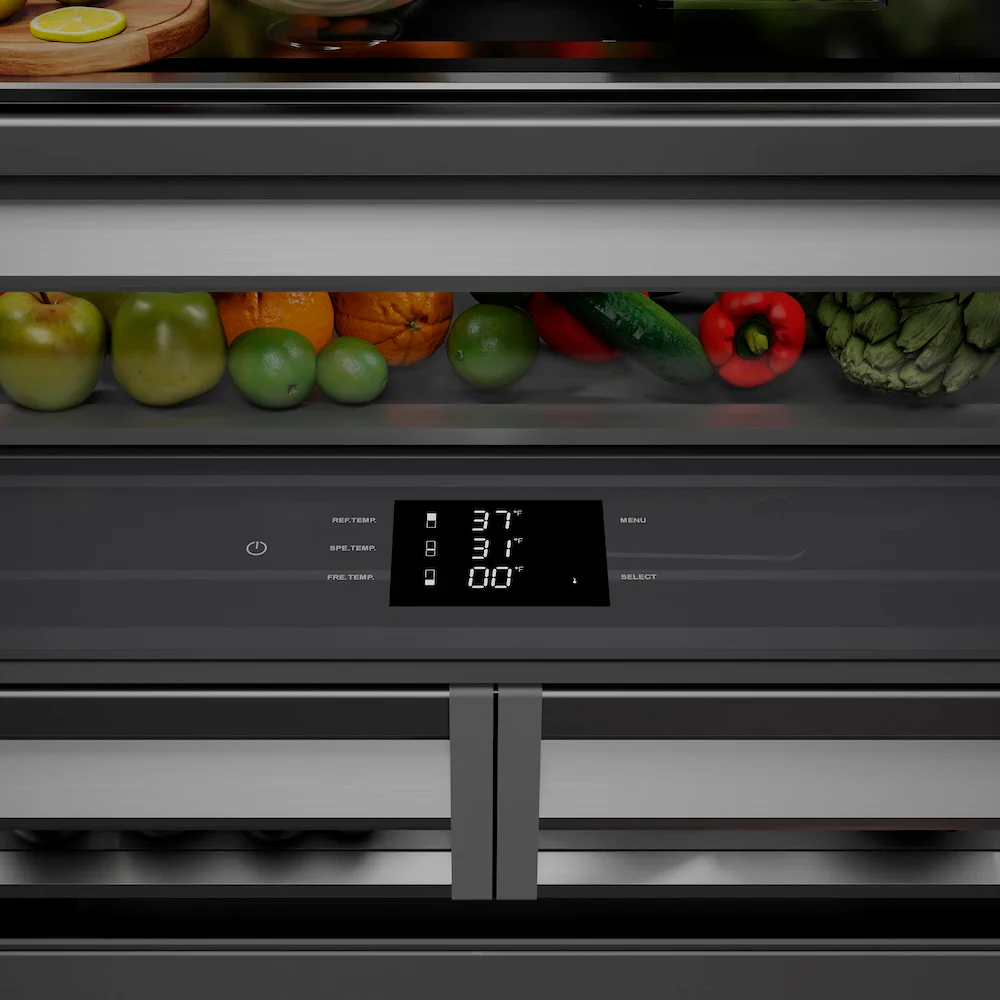 ZLINE Autograph Edition 36 in. 19.6 cu. ft. French Door Built-In Bottom Freezer Refrigerator with Water Dispenser and Ice Maker in Black Stainless Steel with Graphite Gray Interior and Polished Gold Accents (GRBIVZ-BS-36-G) - Image 8