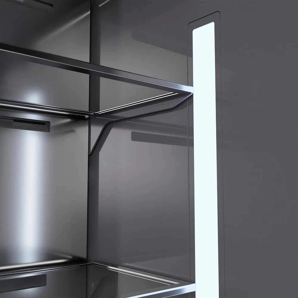 ZLINE Autograph Edition 36 in. 19.6 cu. ft. French Door Built-In Bottom Freezer Refrigerator with Water Dispenser and Ice Maker in Black Stainless Steel with Graphite Gray Interior and Polished Gold Accents (GRBIVZ-BS-36-G) - Image 9