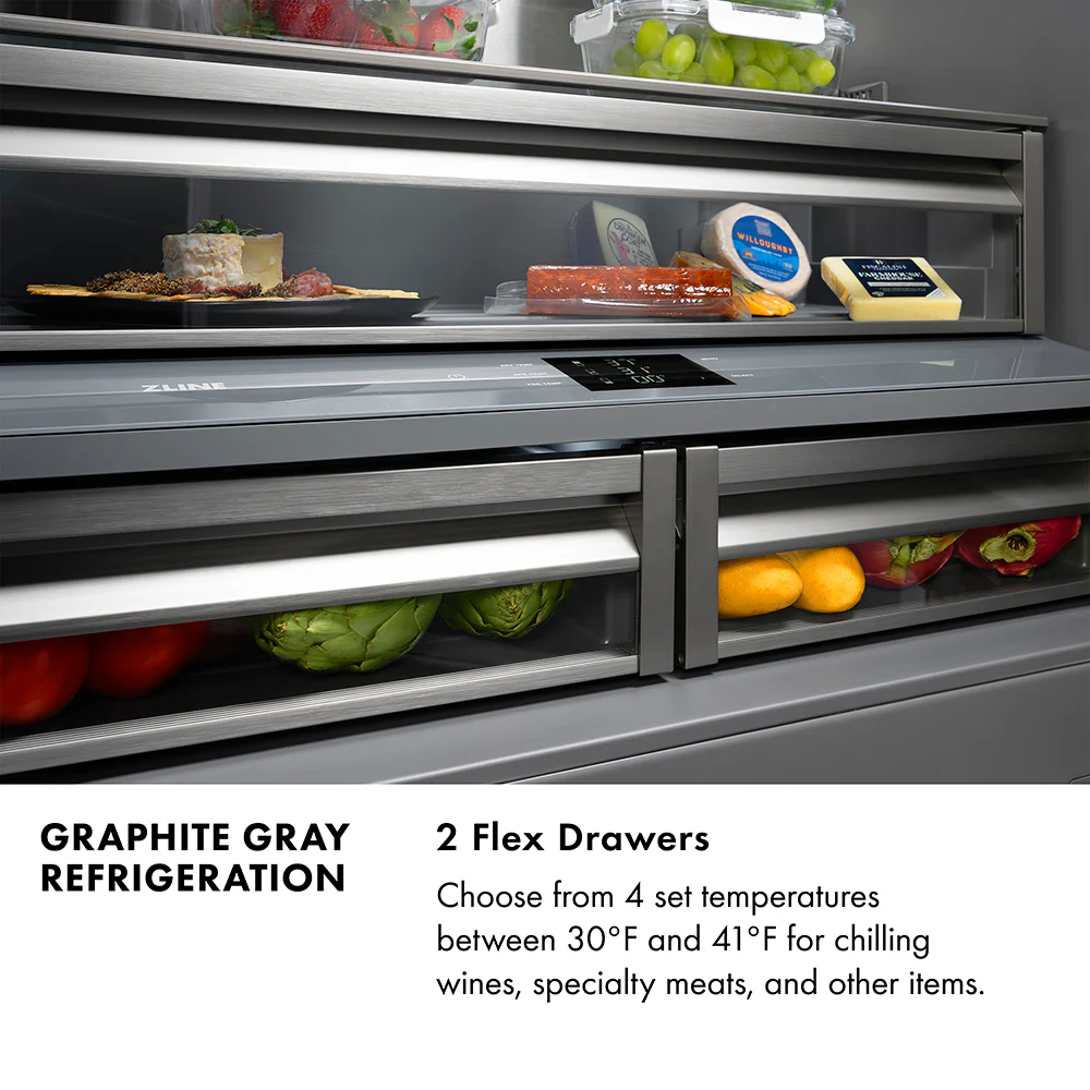 ZLINE Autograph Edition 36 in. 19.6 cu. ft. French Door Built-In Bottom Freezer Refrigerator with Water Dispenser and Ice Maker in Black Stainless Steel with Graphite Gray Interior and Polished Gold Helix Handles (GRBIVZ-BS36KG) - Image 18