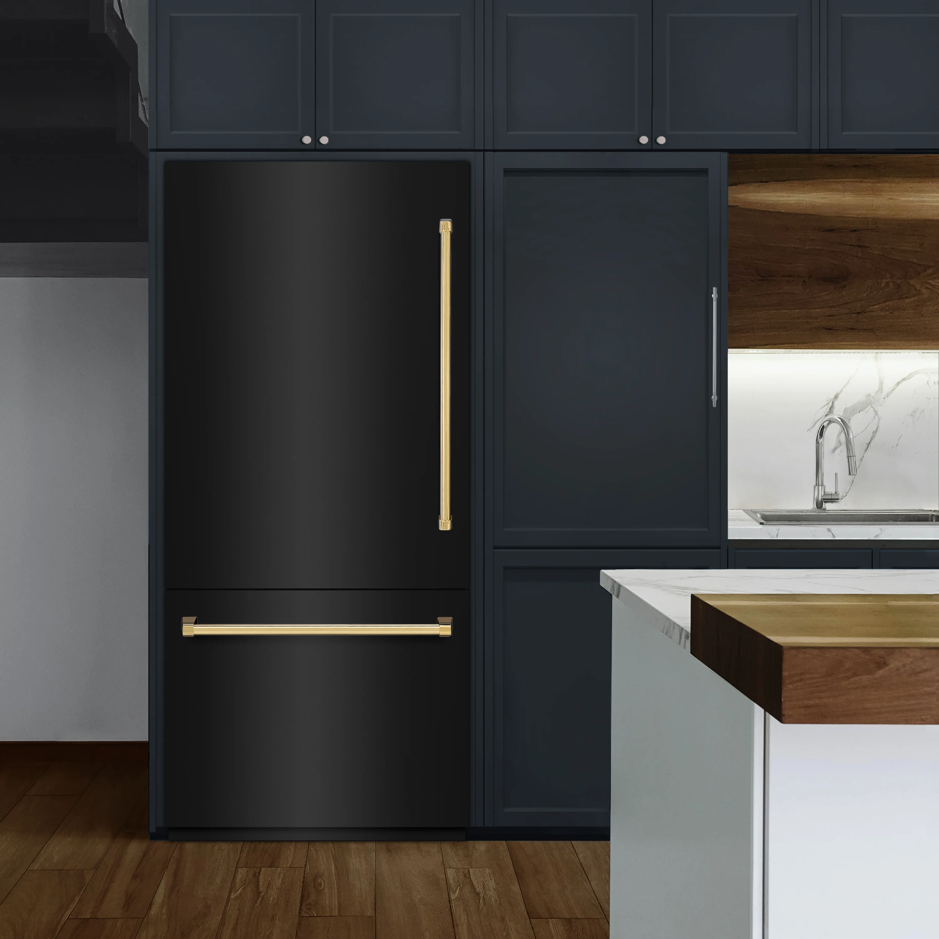 ZLINE Autograph Edition 36 in. 19.8 cu. ft. Built-In Bottom Freezer Refrigerator with Water Dispenser and Ice Maker in Black Stainless Steel and Polished Gold Accents (RBITZ-BS-36-G) - Image 2
