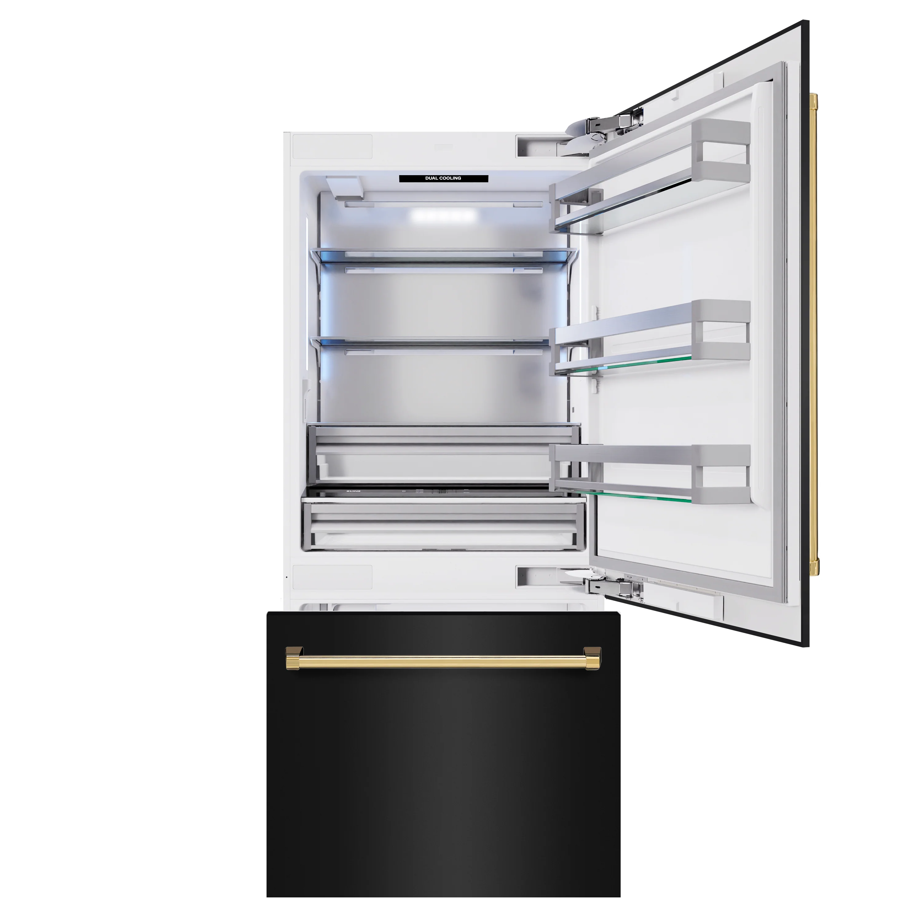 ZLINE Autograph Edition 36 in. 19.8 cu. ft. Built-In Bottom Freezer Refrigerator with Water Dispenser and Ice Maker in Black Stainless Steel and Polished Gold Accents (RBITZ-BS-36-G) - Image 5