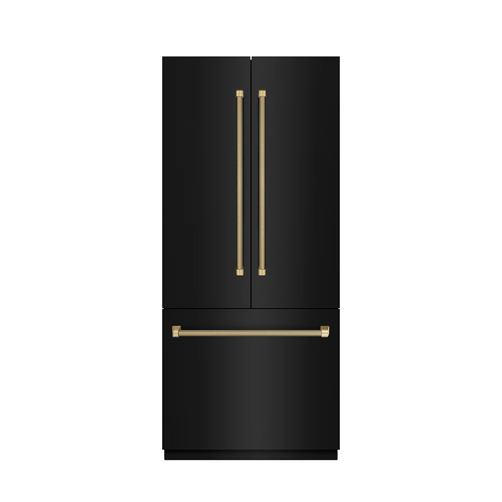 ZLINE Autograph Edition 36 in. 19.6 cu. ft. French Door Built-In Bottom Freezer Refrigerator with Water Dispenser and Ice Maker in Black Stainless Steel with Stainless Steel Interior and Champagne Bronze Helix Handles (SRBIVZ-BS36KCB) - Image 3