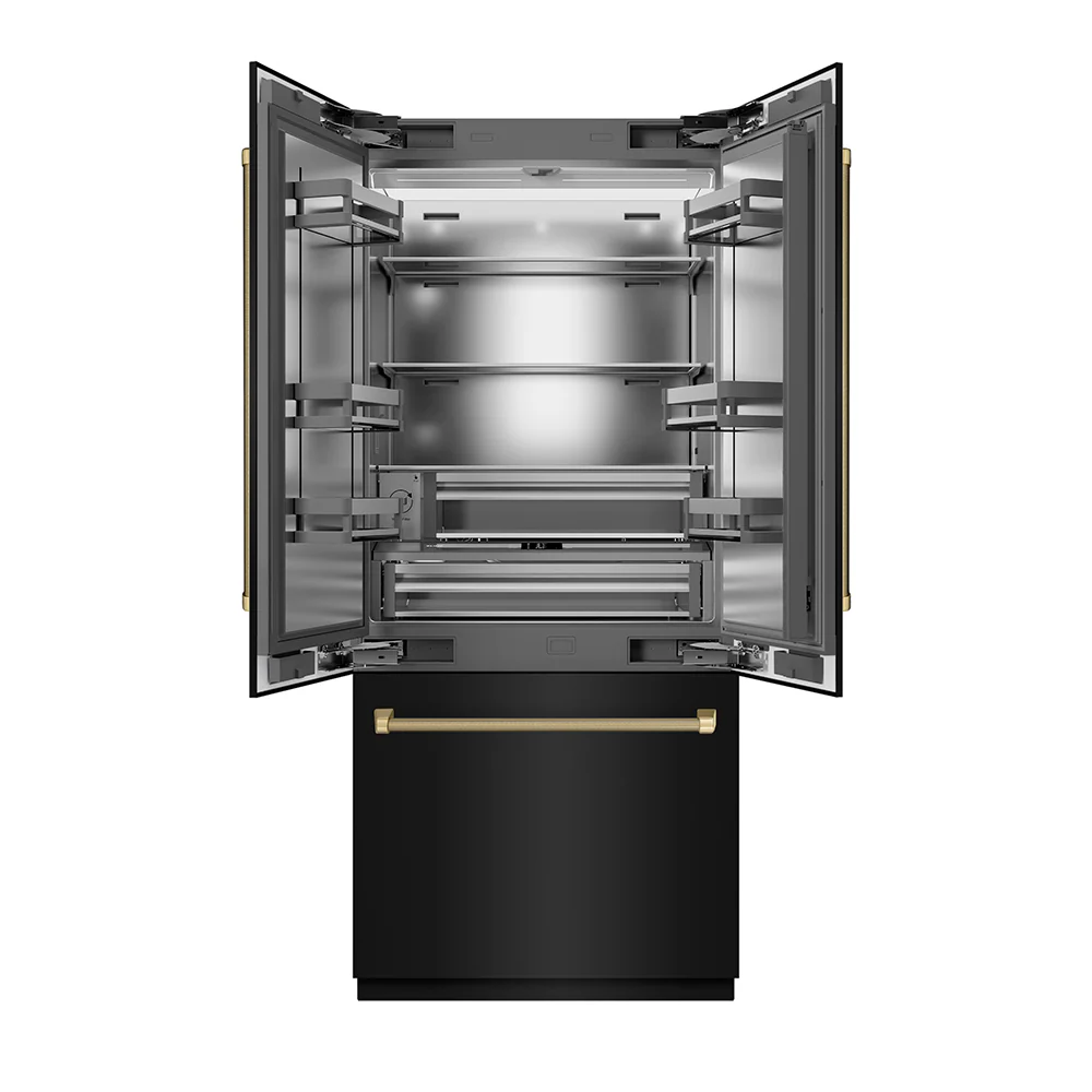 ZLINE Autograph Edition 36 in. 19.6 cu. ft. French Door Built-In Bottom Freezer Refrigerator with Water Dispenser and Ice Maker in Black Stainless Steel with Stainless Steel Interior and Champagne Bronze Helix Handles (SRBIVZ-BS36KCB) - Image 4