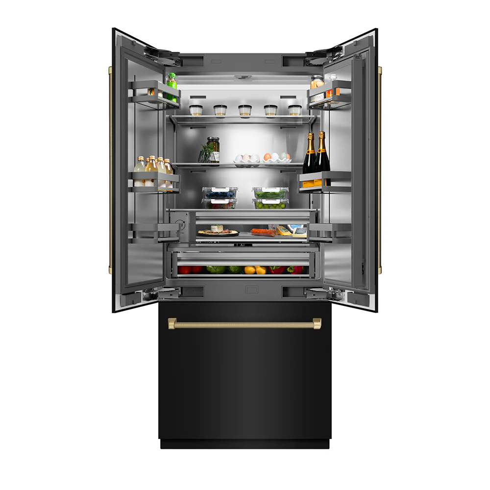 ZLINE Autograph Edition 36 in. 19.6 cu. ft. French Door Built-In Bottom Freezer Refrigerator with Water Dispenser and Ice Maker in Black Stainless Steel with Stainless Steel Interior and Champagne Bronze Helix Handles (SRBIVZ-BS36KCB) - Image 5
